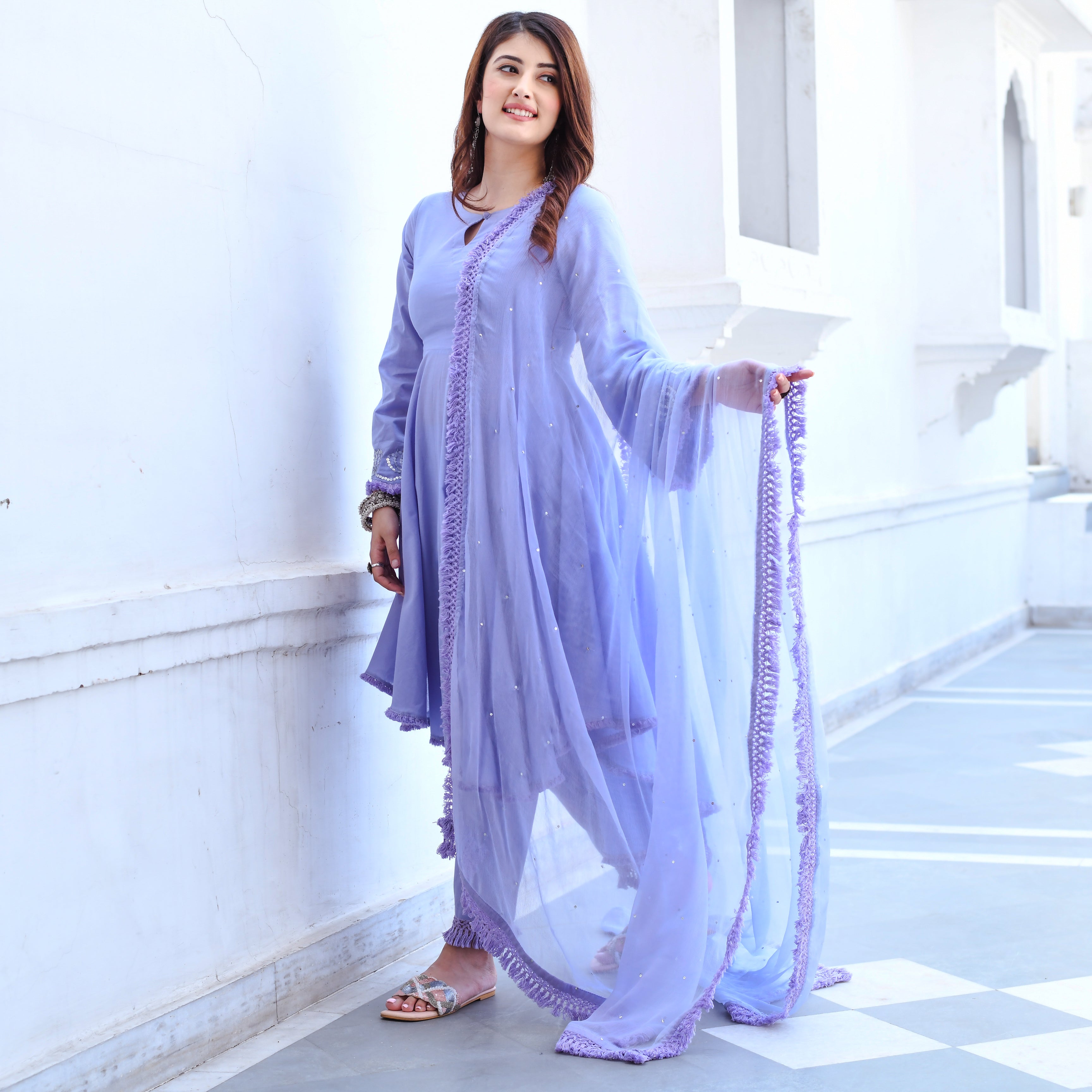 Gauravi Purple Designer Cotton Anarkali Suit Set For Women Online