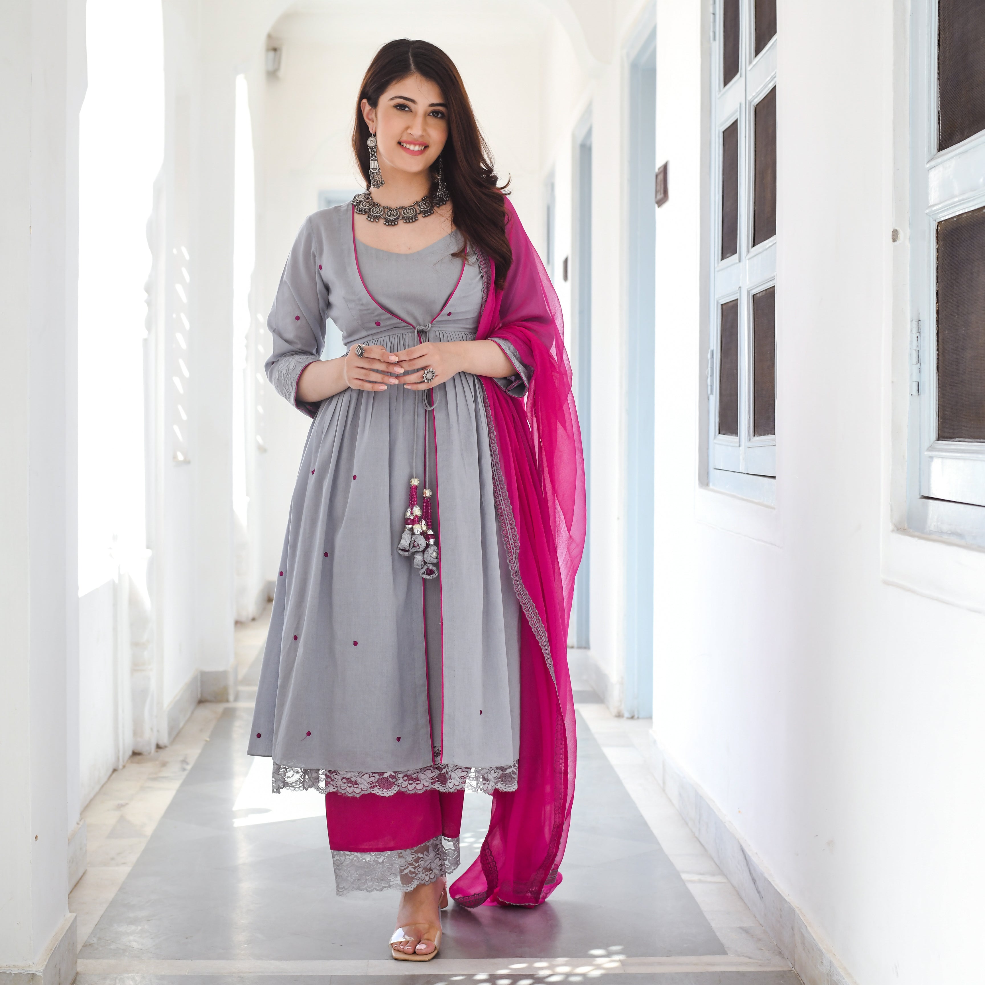 Kurti Pink And Gray Combination Dress Grey Colour Kurti Bottom Set In Cotton Fabric For Beautiful Kurti Pink And Gray Combination Dress Grey Colour Kurti Bottom Set In Cotton Fabric For Beautiful