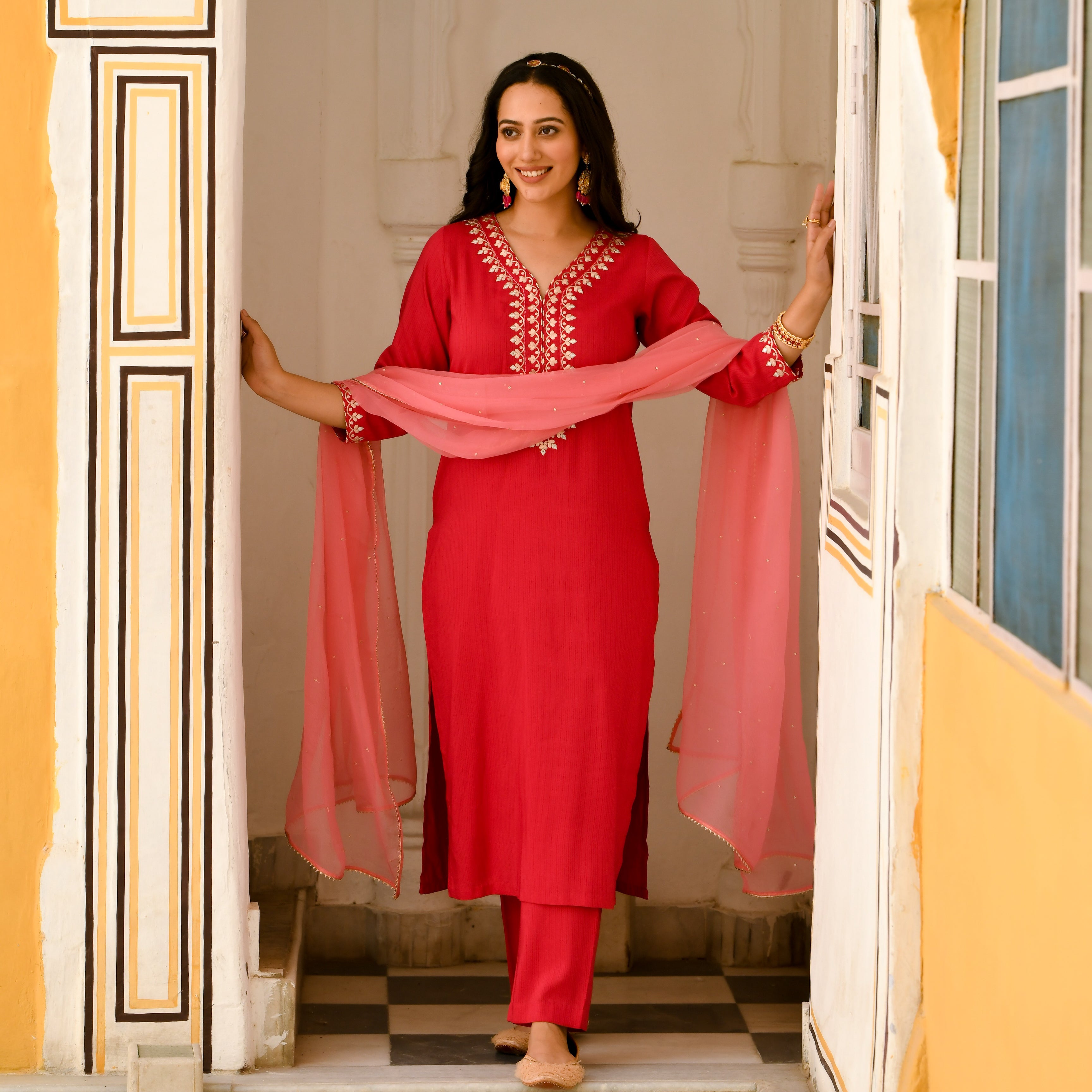 Savmya Red Traditional Designer Suit Set for Women Online