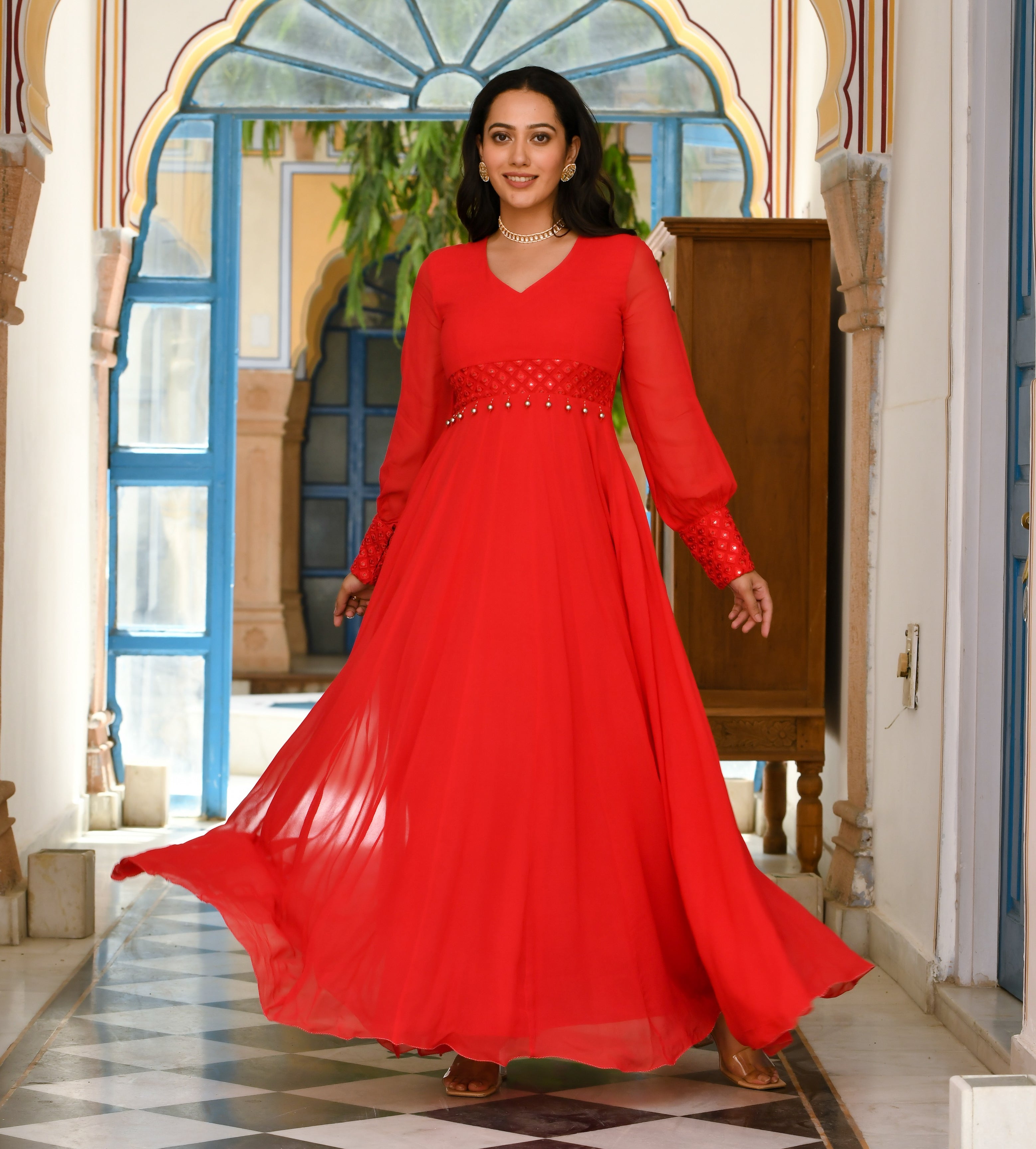 Pooja Red Georgette Designer Indowestern Dress for Women Online