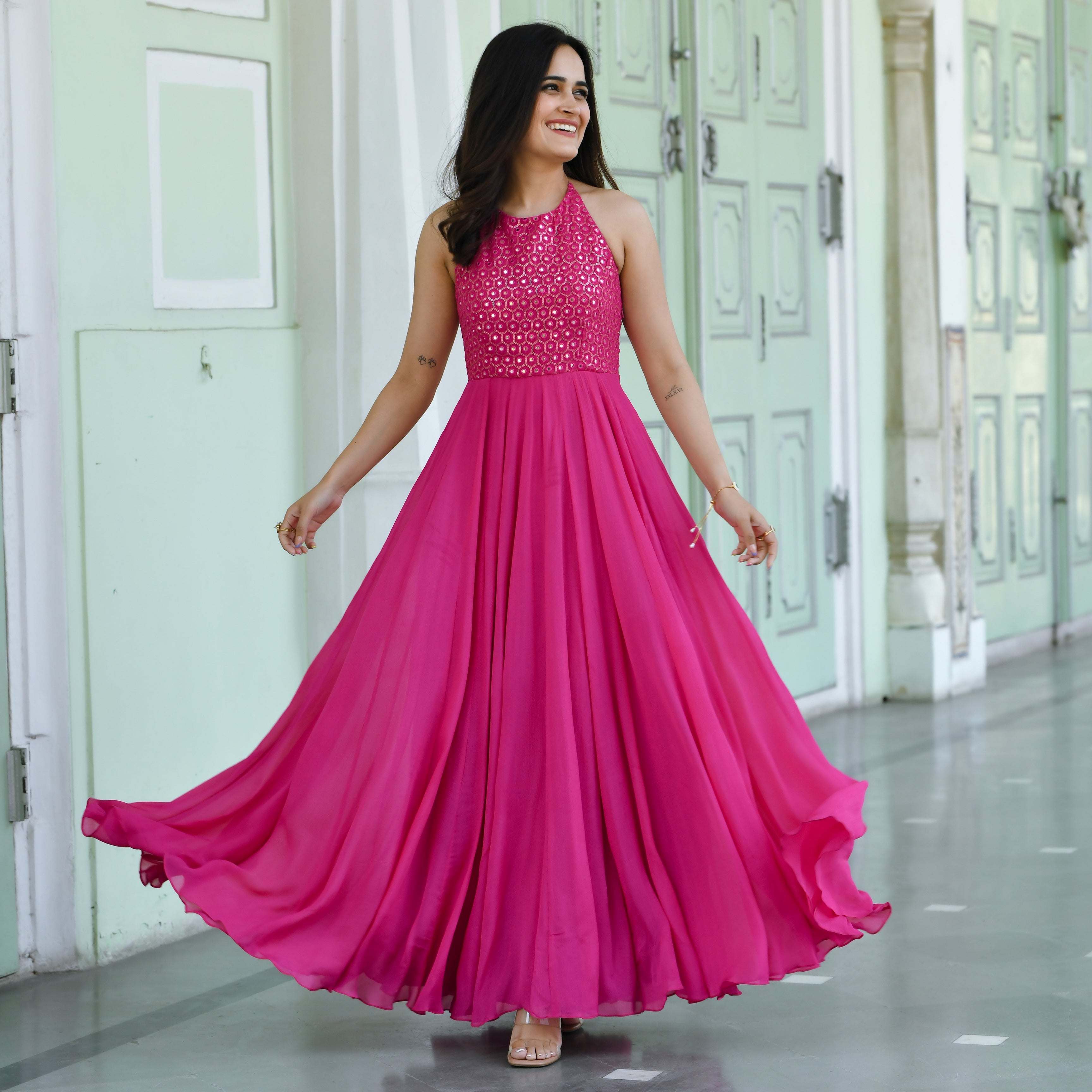 Ritu Pink Mirror Work Designer Georgette Dress for Women Online