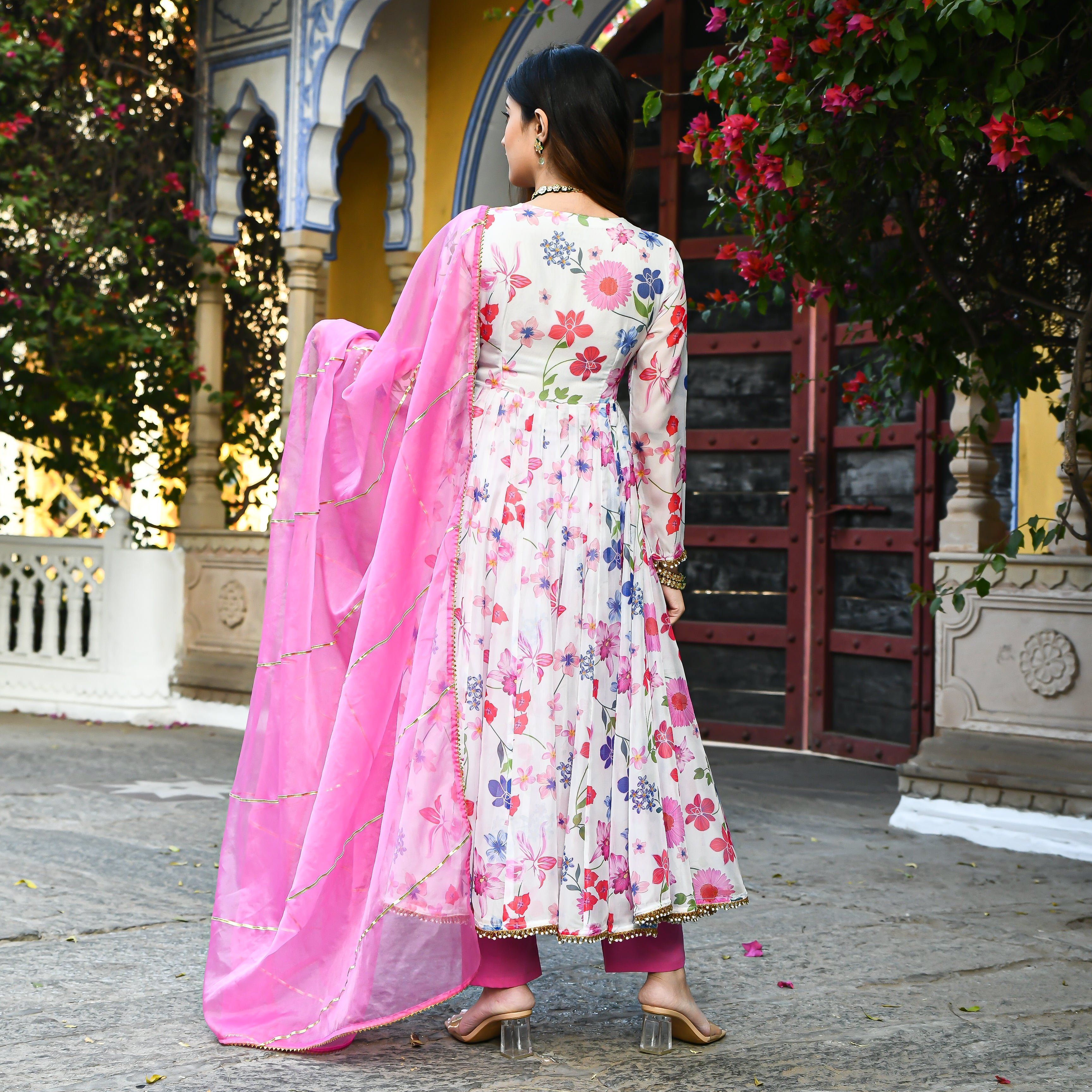 White Pink Floral Anarkali Suit Set for Women Online