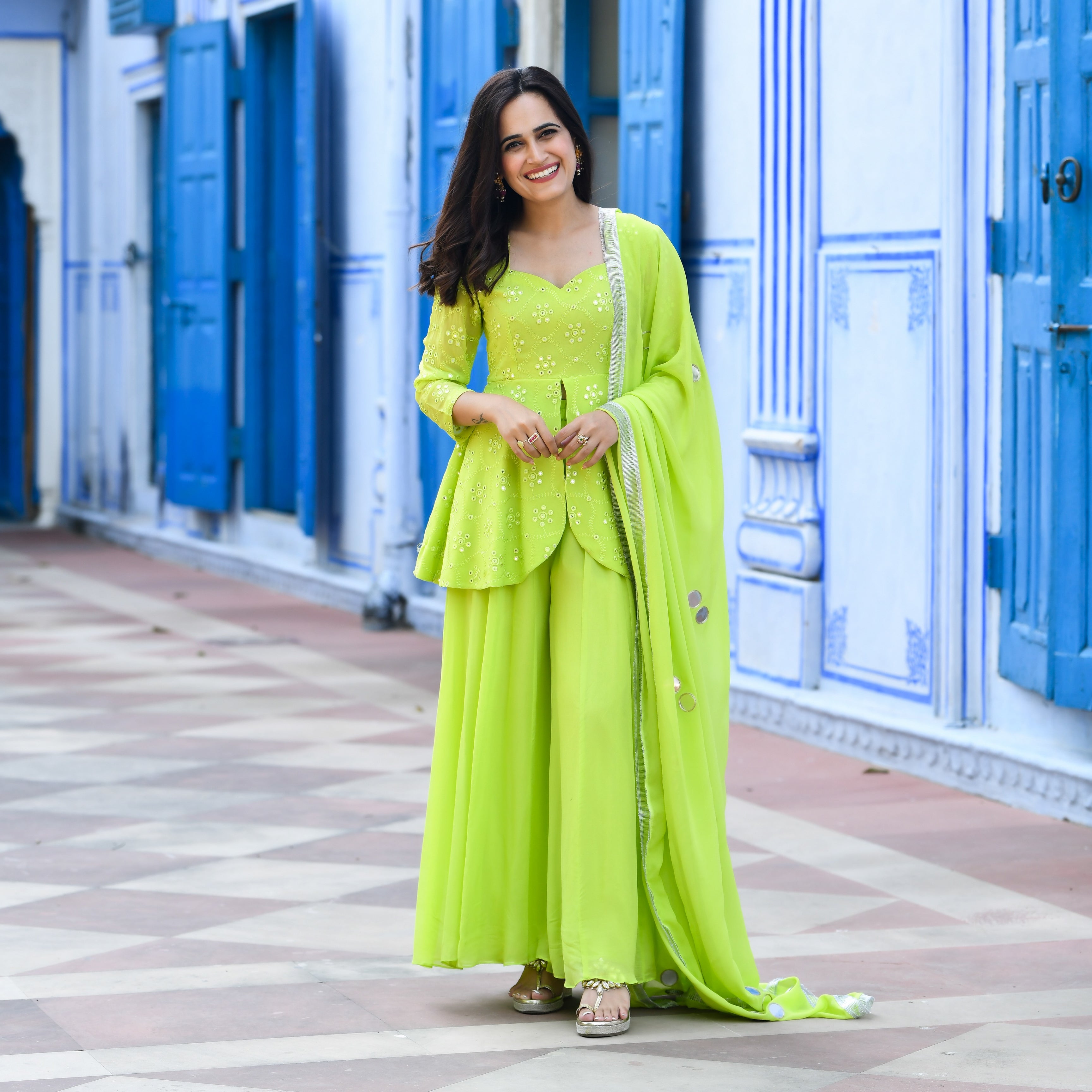 Mirza Green Designer ﻿Gerogette Co-ord Suit Set For Women Online