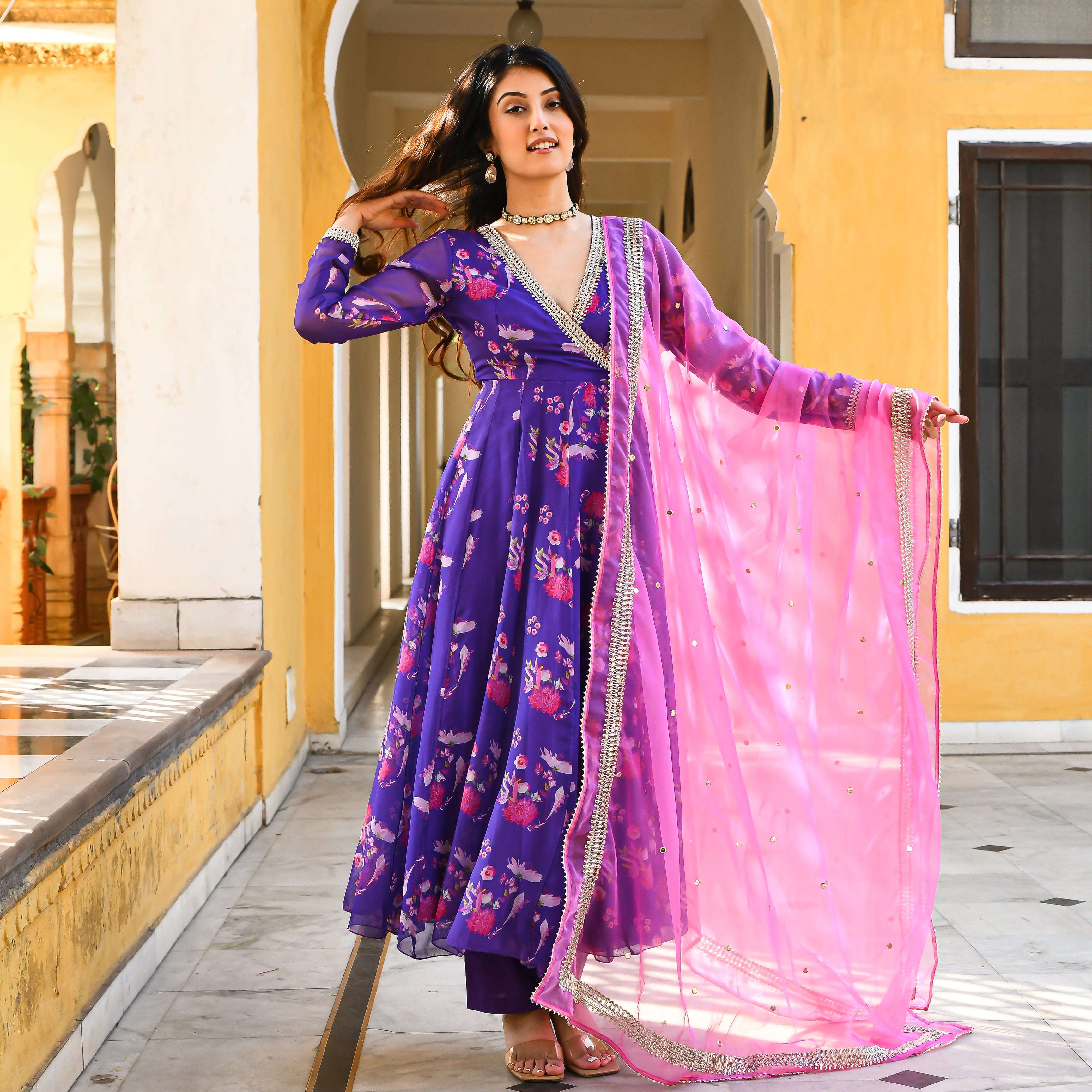 Purple pink Angrakha Style Anarkali for women online