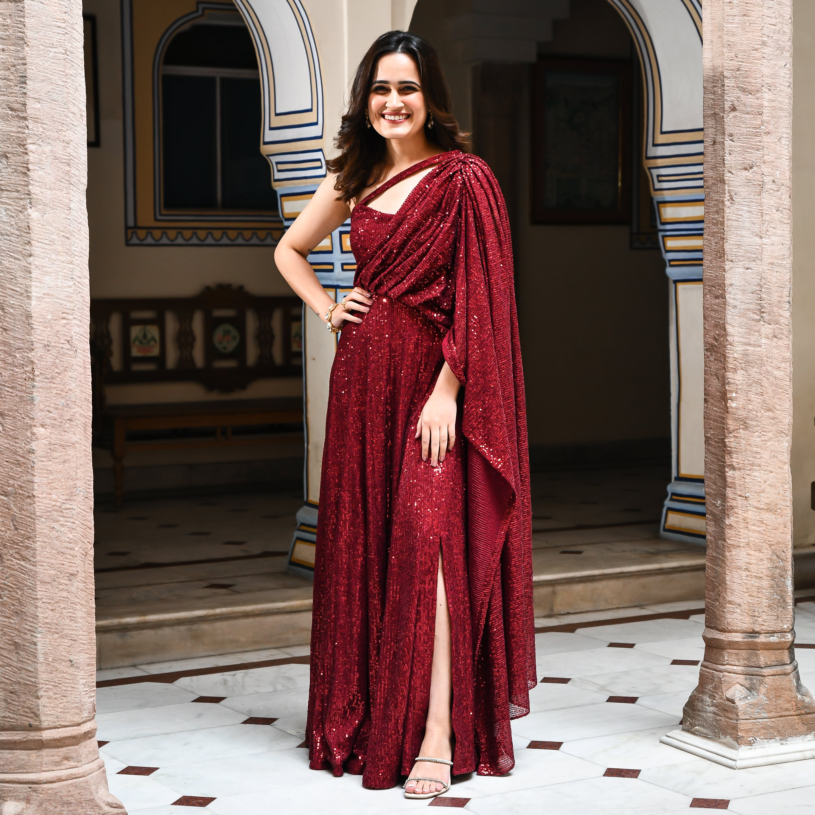 Ruby Maroon One Shoulder Party Wear Gown For Women Online