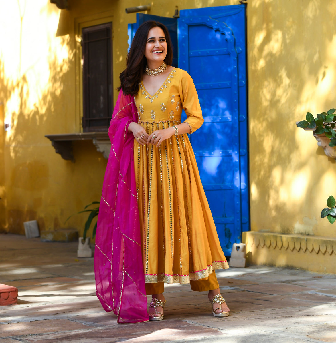 Suhana Designer Yellow Readymade Anarkali Suit Set for Women Online ...