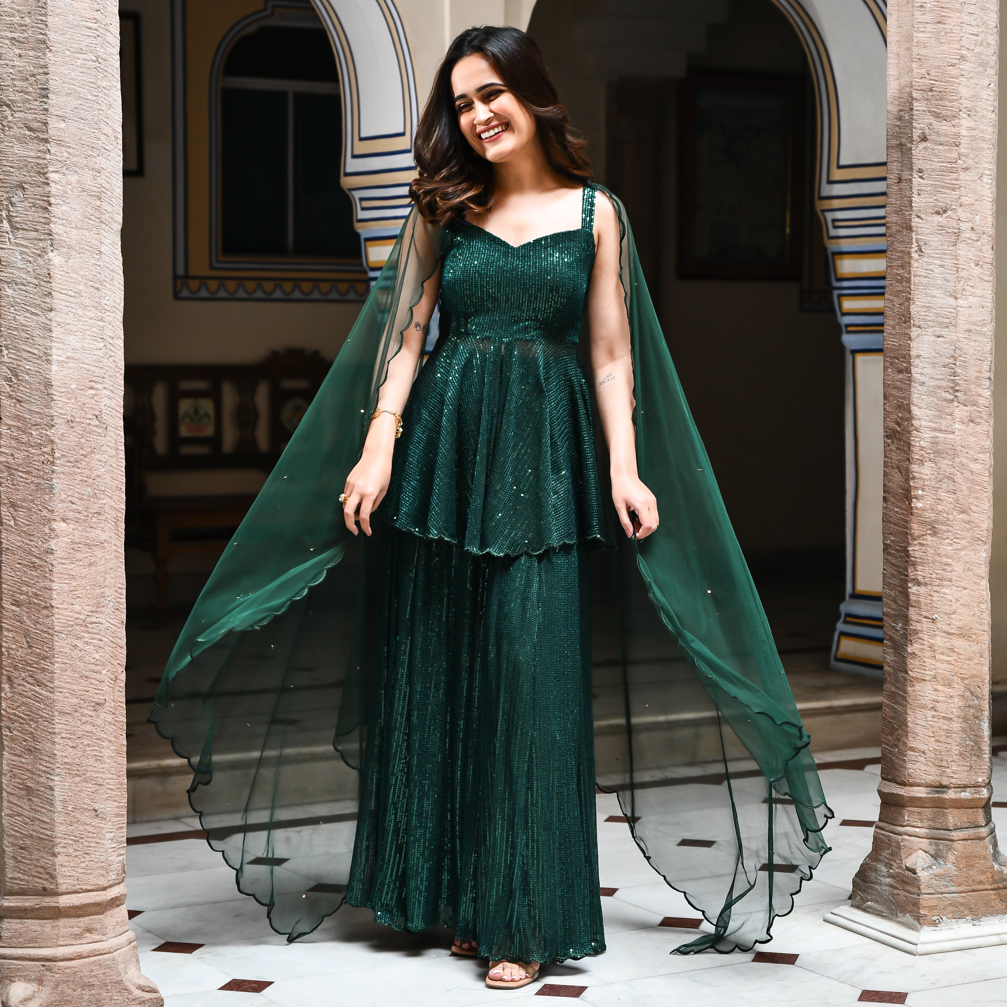 Emerald Green Sequin Sharara Set for women online