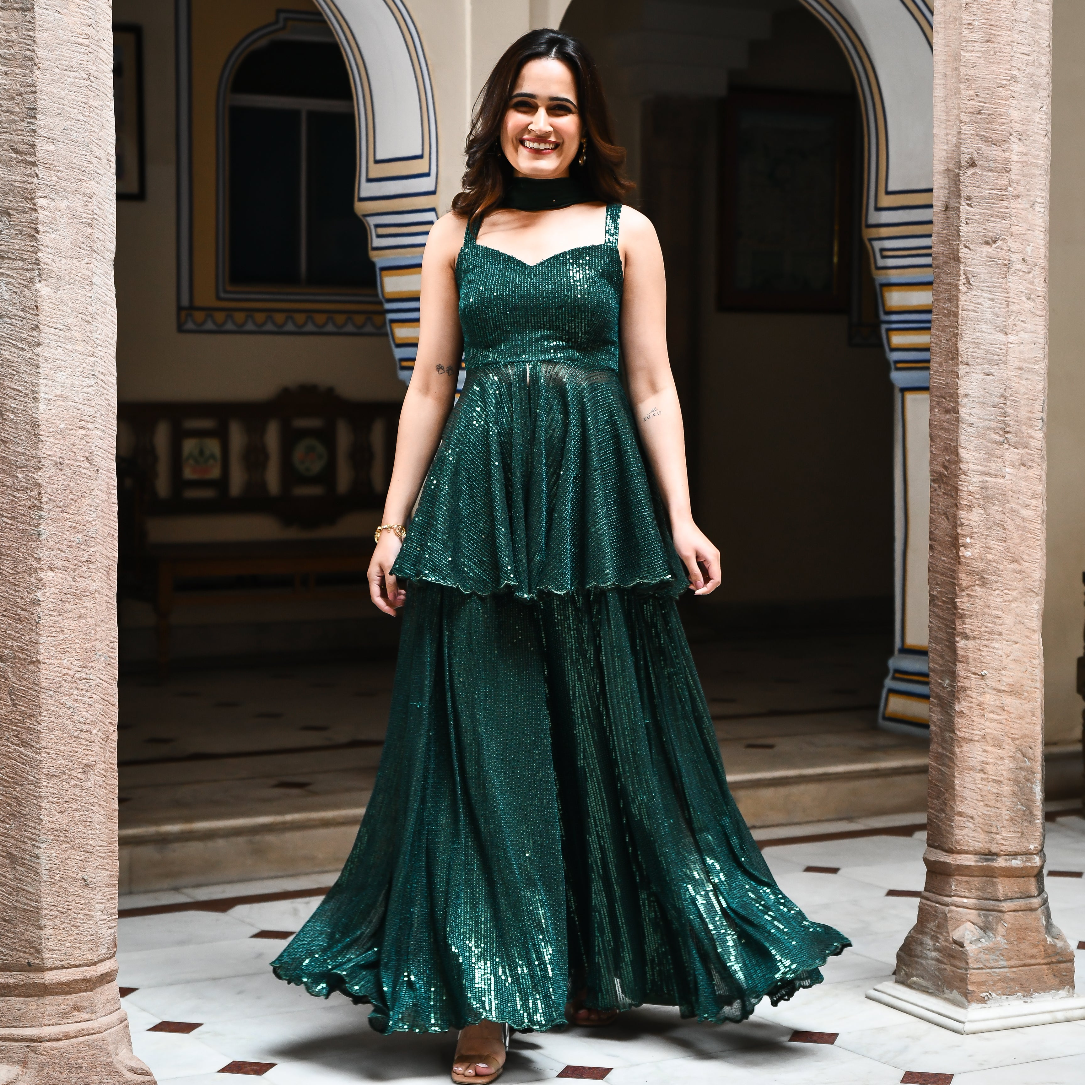 Emerald Green Sequin Sharara Set for women online