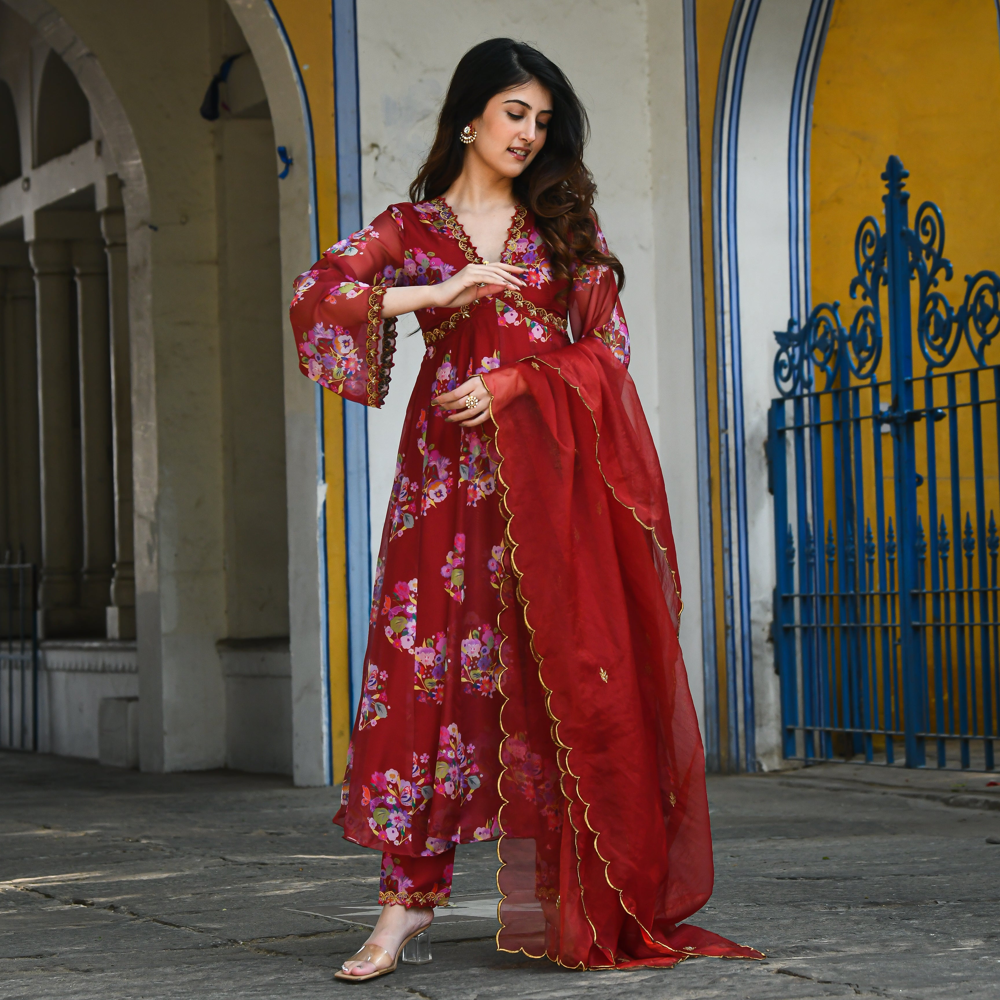 Saanjh Maroon Designer Floral Anarkali Suit Set for Women Online