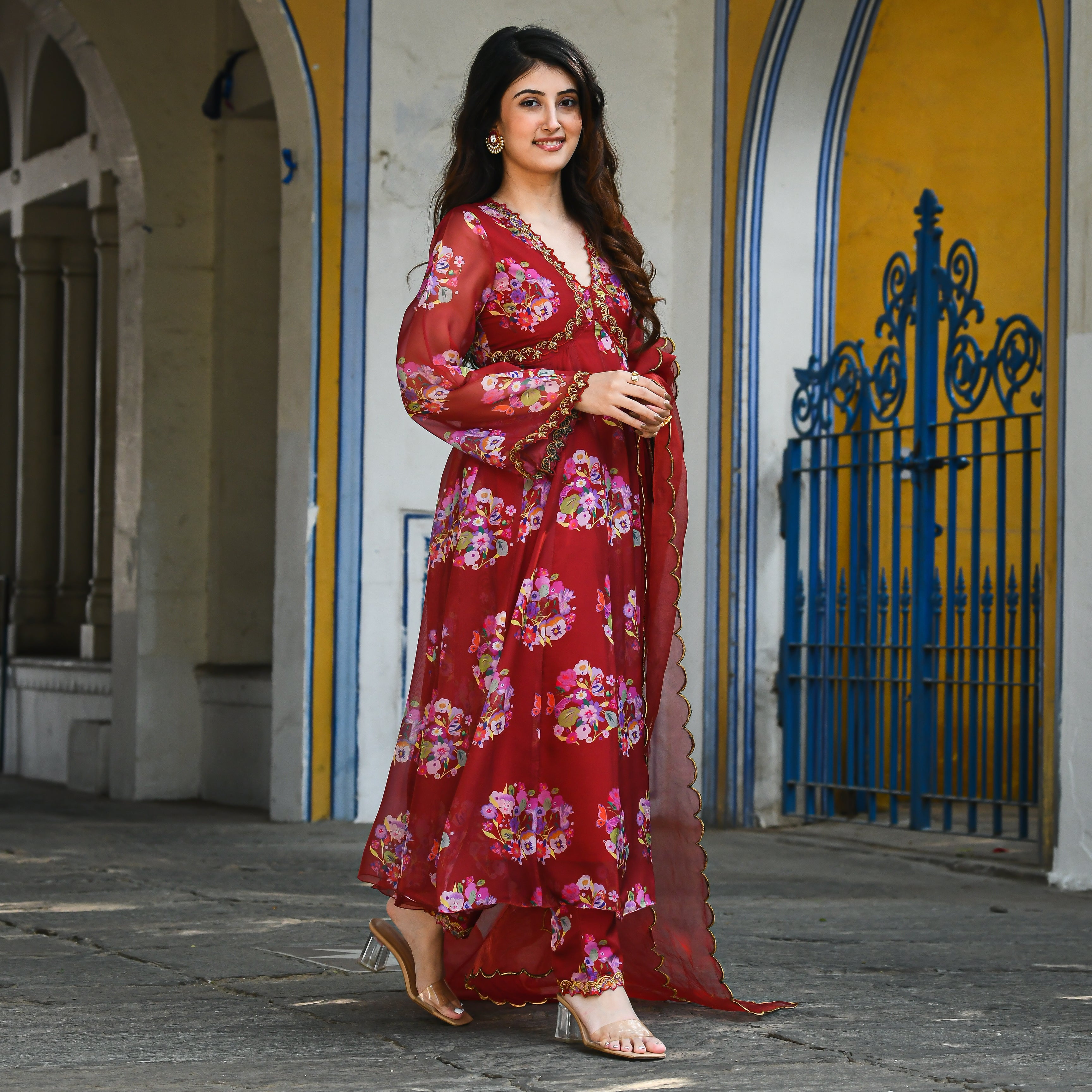 Maroon Floral Anarkali Suit Set for women online