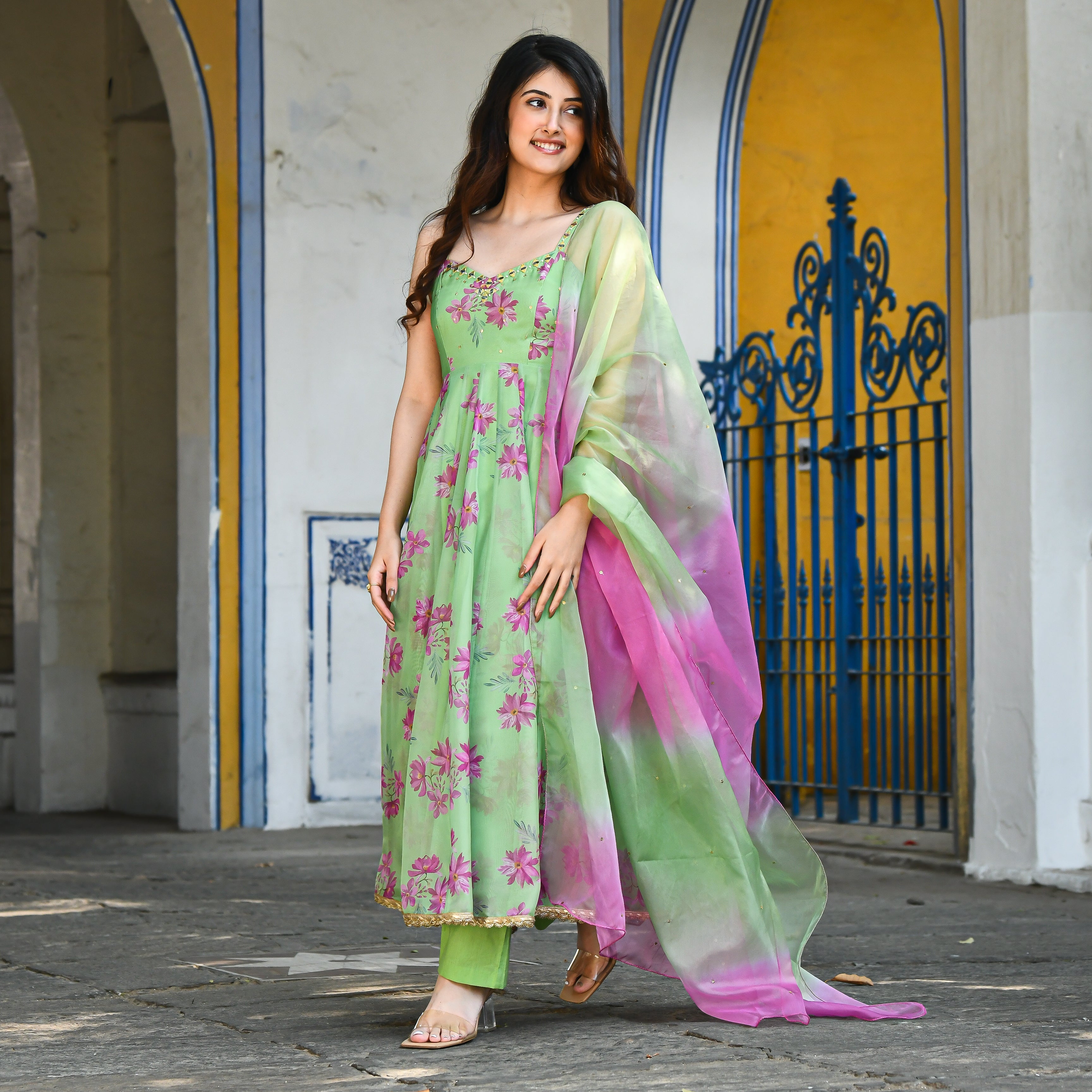 Green Pink Floral Anarkali Suit Set for Women Online