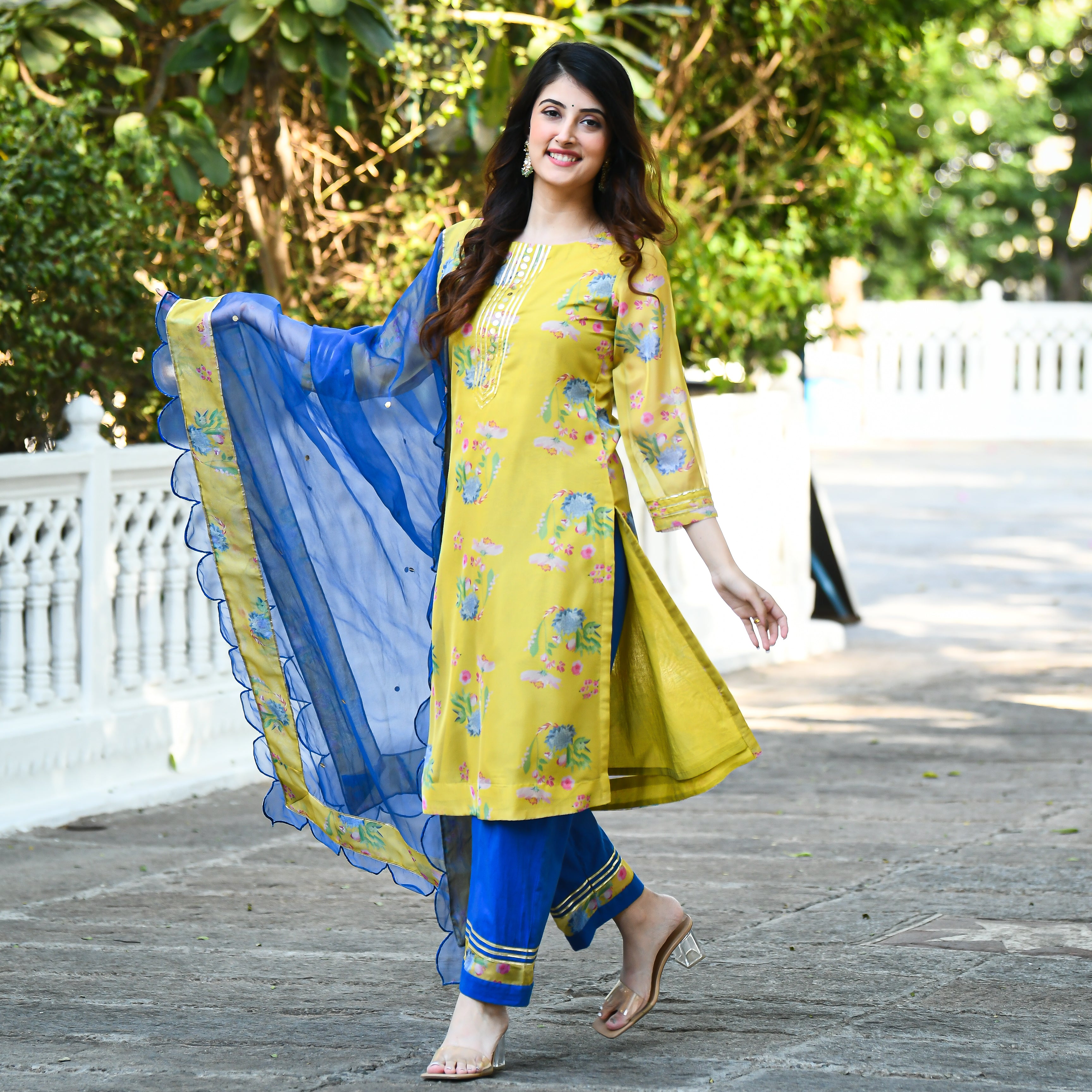 Yellow Blue Floral straight Kurta Set for women online