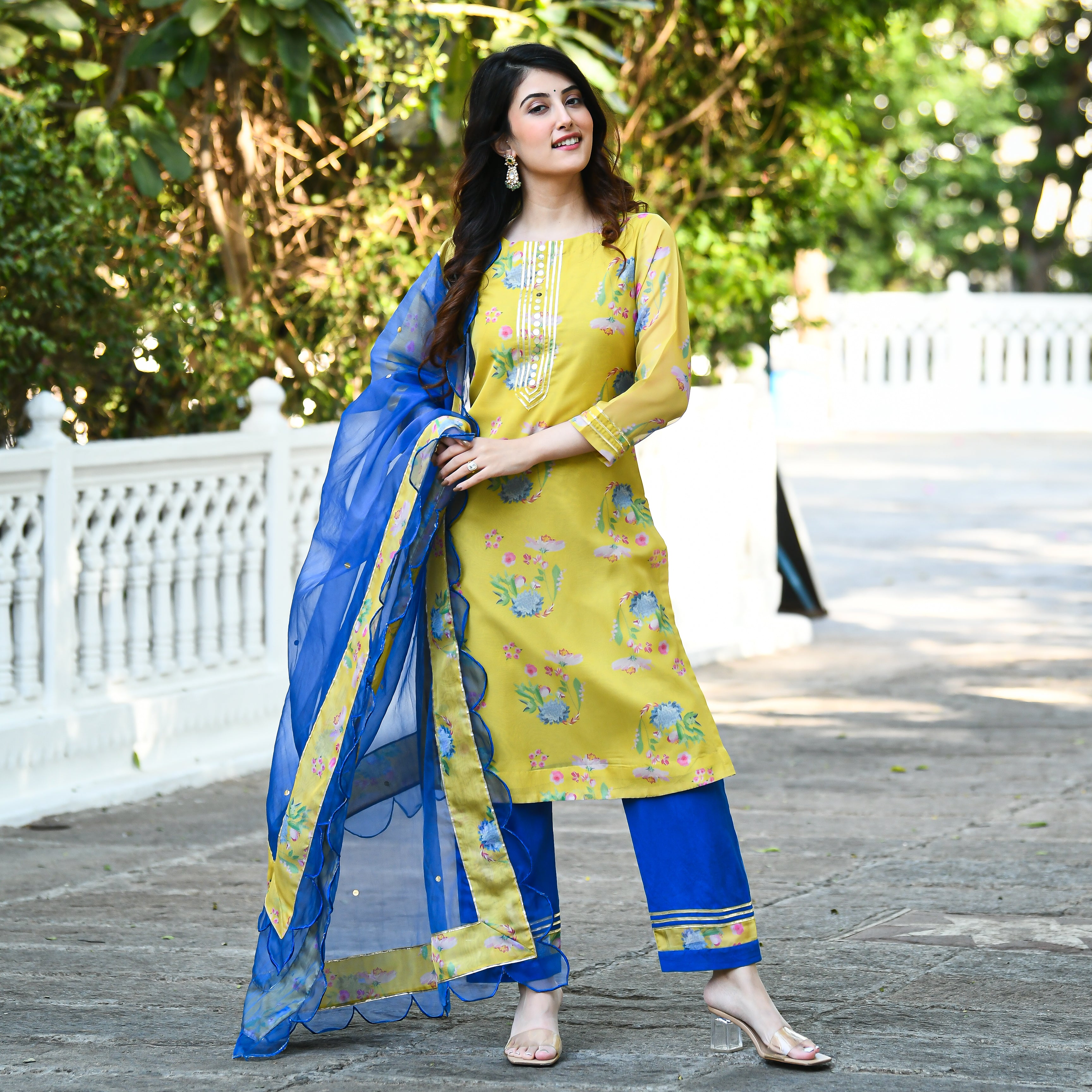 Yellow Blue Floral straight Kurta Set for women online