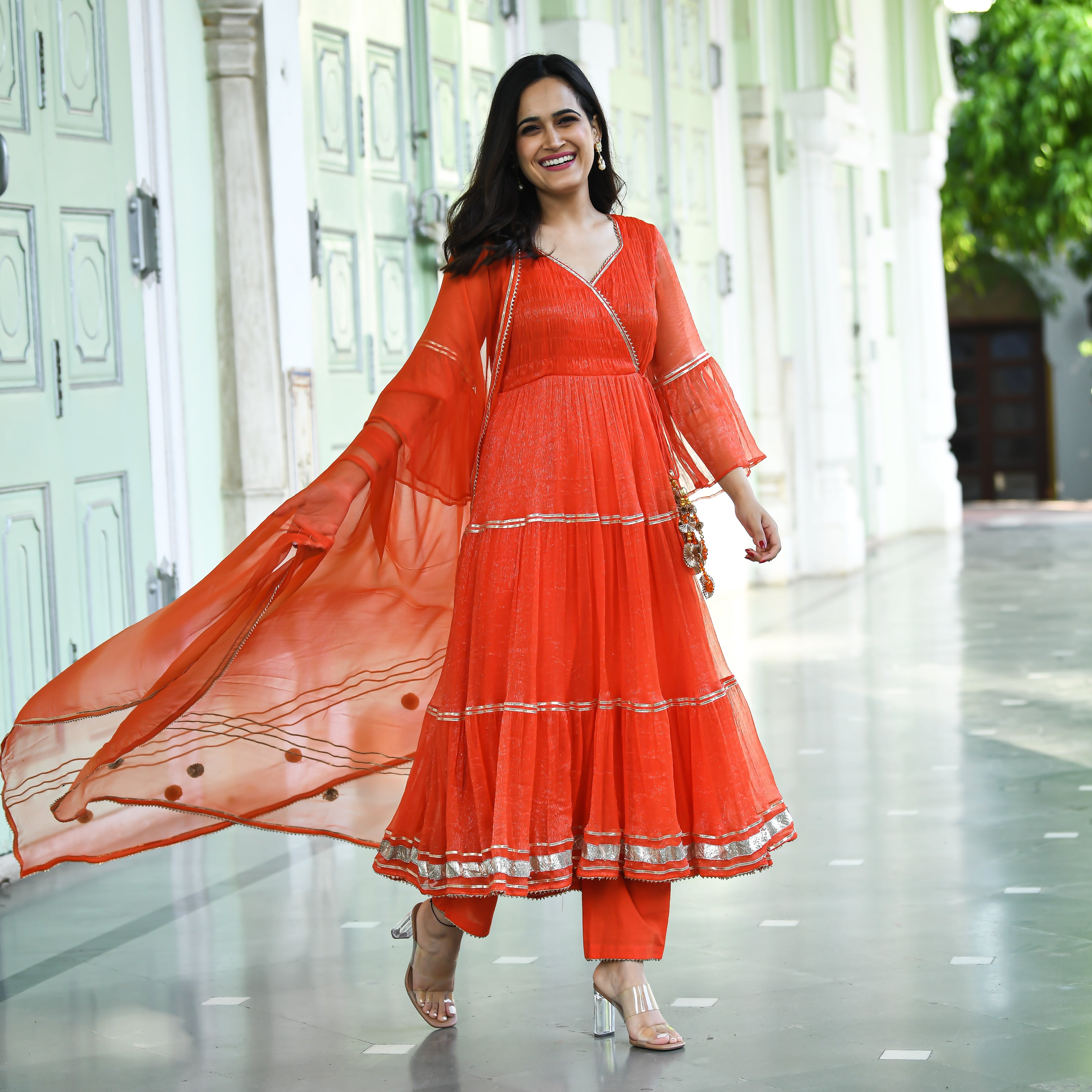 Geetika Orange Designer Readymade Anarkali Suit Set For Women Online