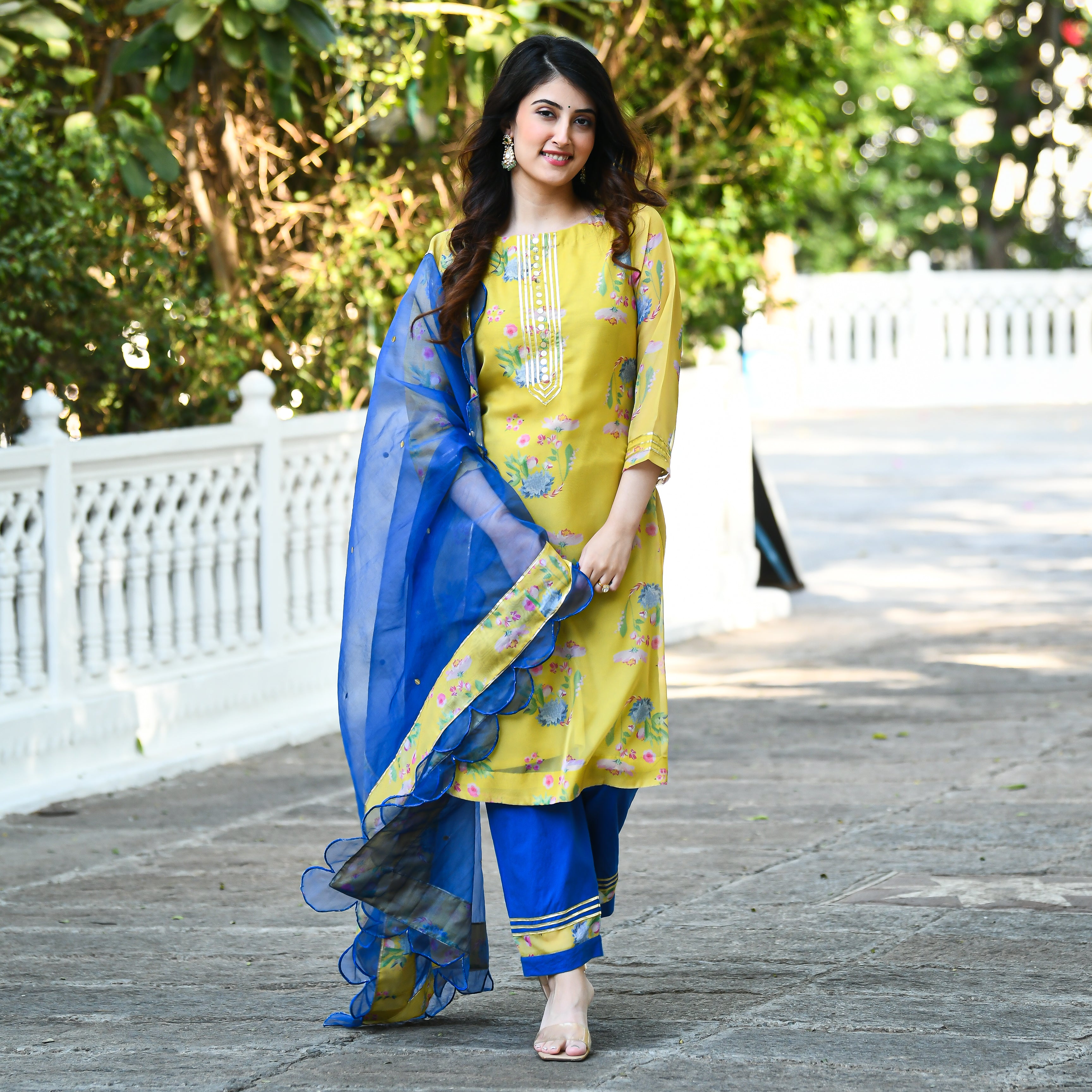 Yellow Blue Floral straight Kurta Set for women online