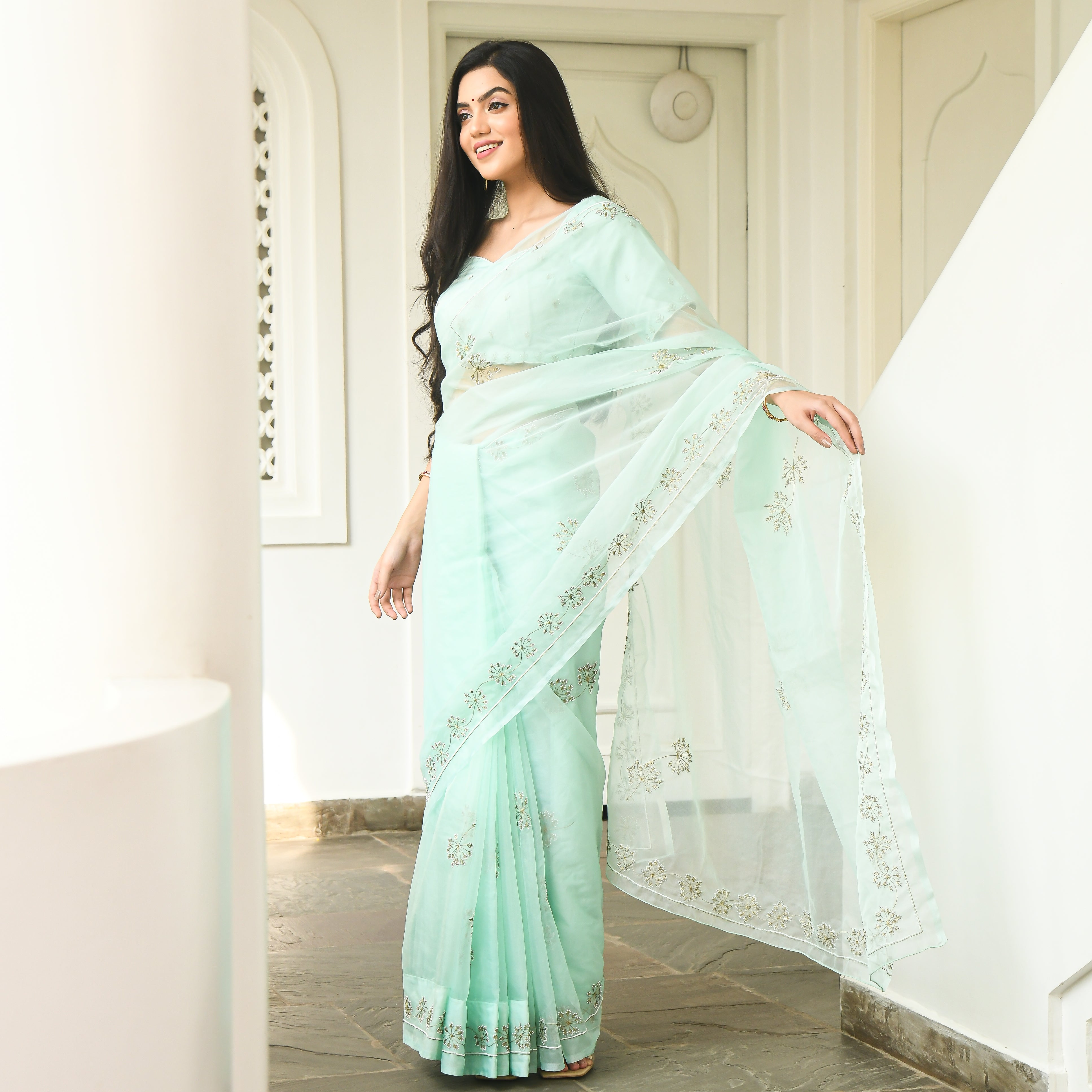  Shaadmani Blue Embroidered Designer Traditional Organza Saree Online