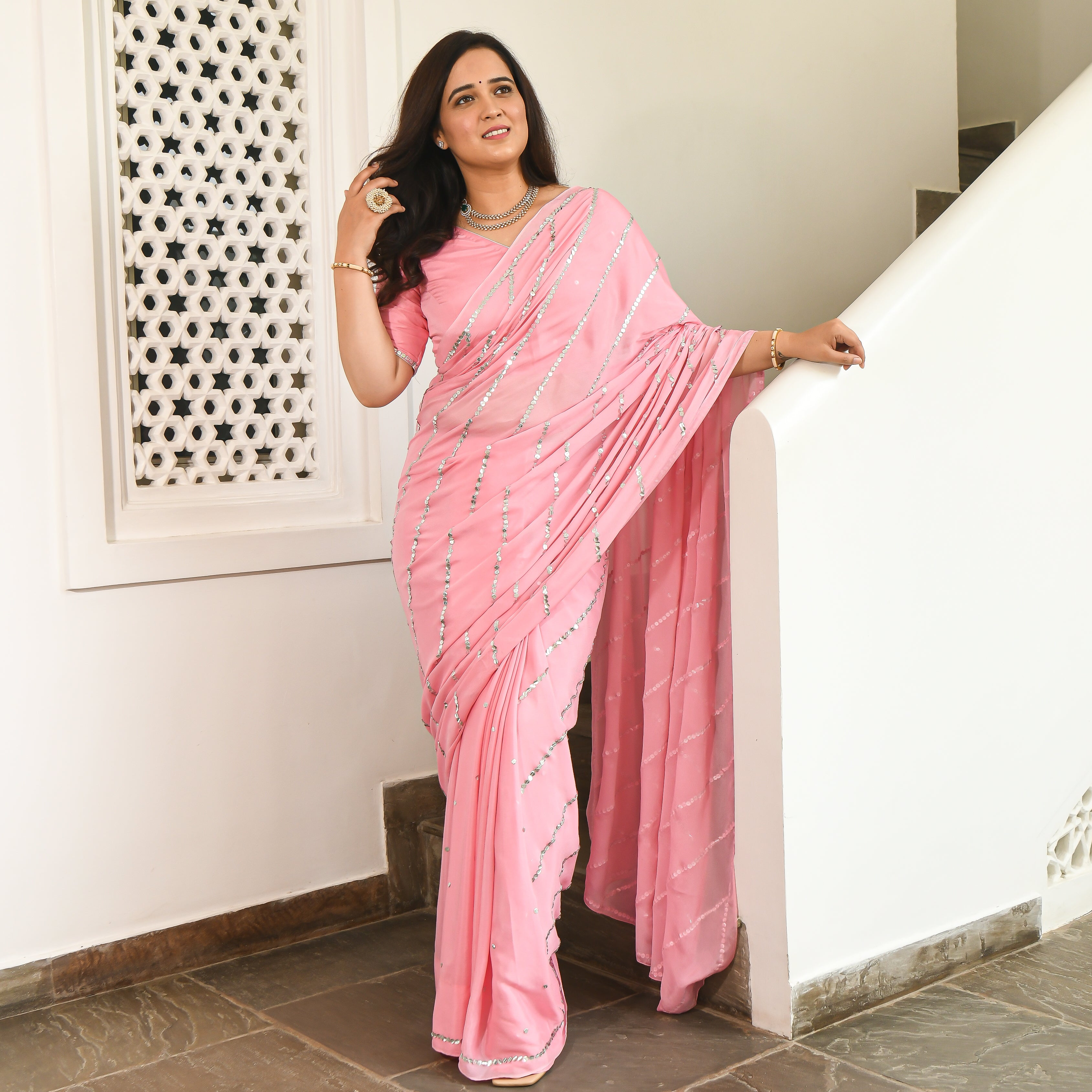 Prapti Pink Designer Stylish Pleated Chiffon Satin Saree Online