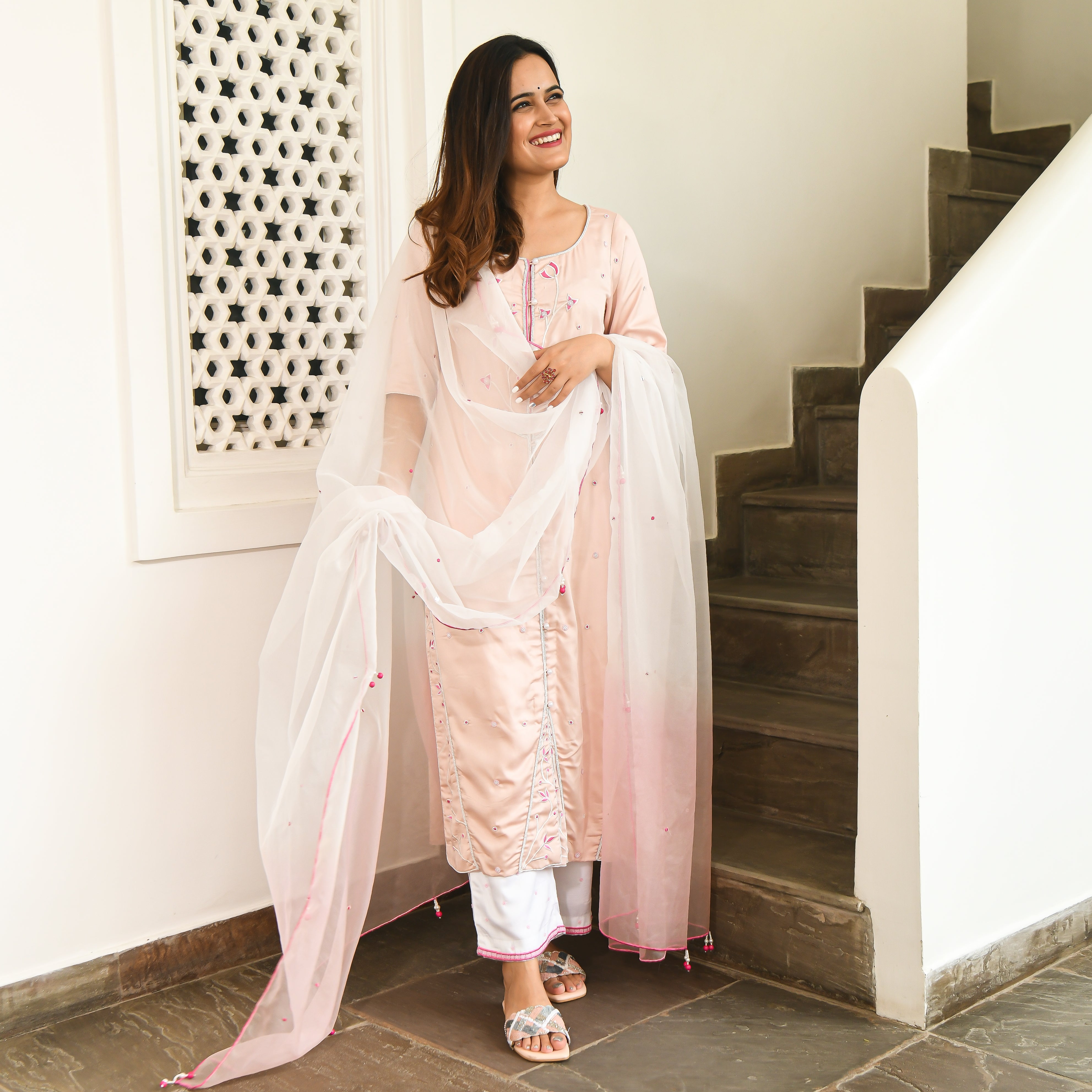 Zavian Traditional Designer Embroidered  Peach Suit Set for Women Online