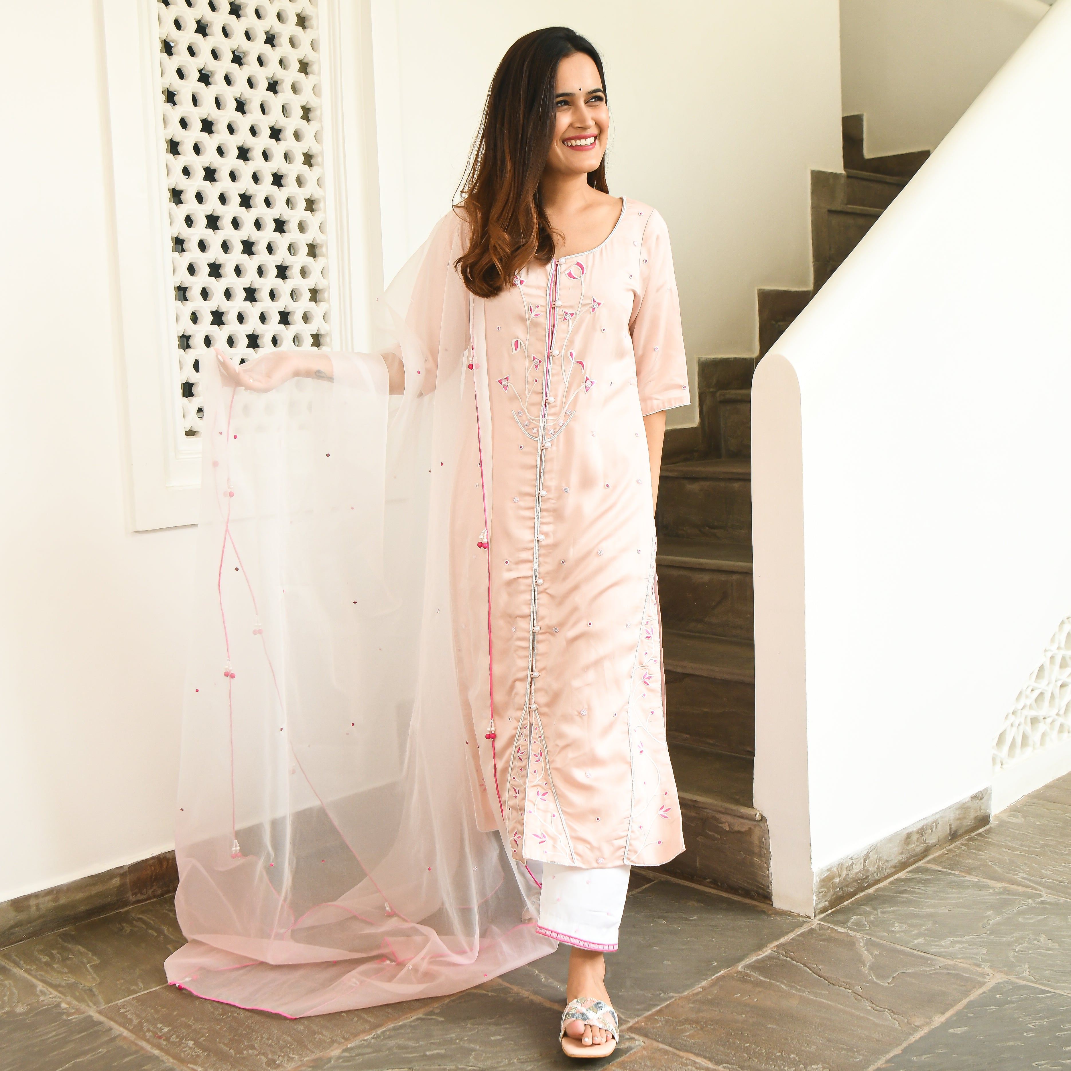 Zavian Traditional Designer Embroidered  Peach Suit Set for Women Online