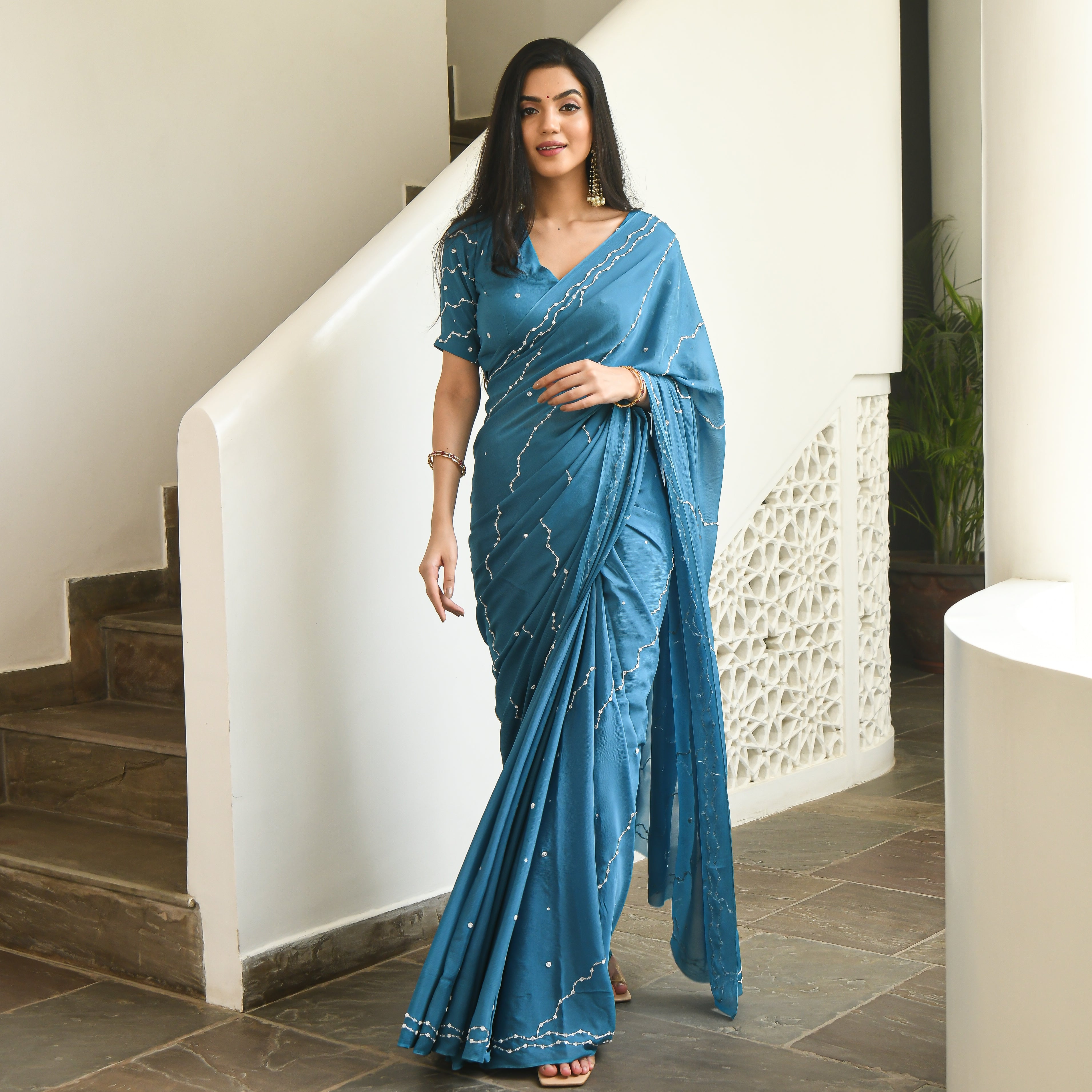 Tapsee Blue Designer Stylish Sequin Chiffon Satin Saree Online