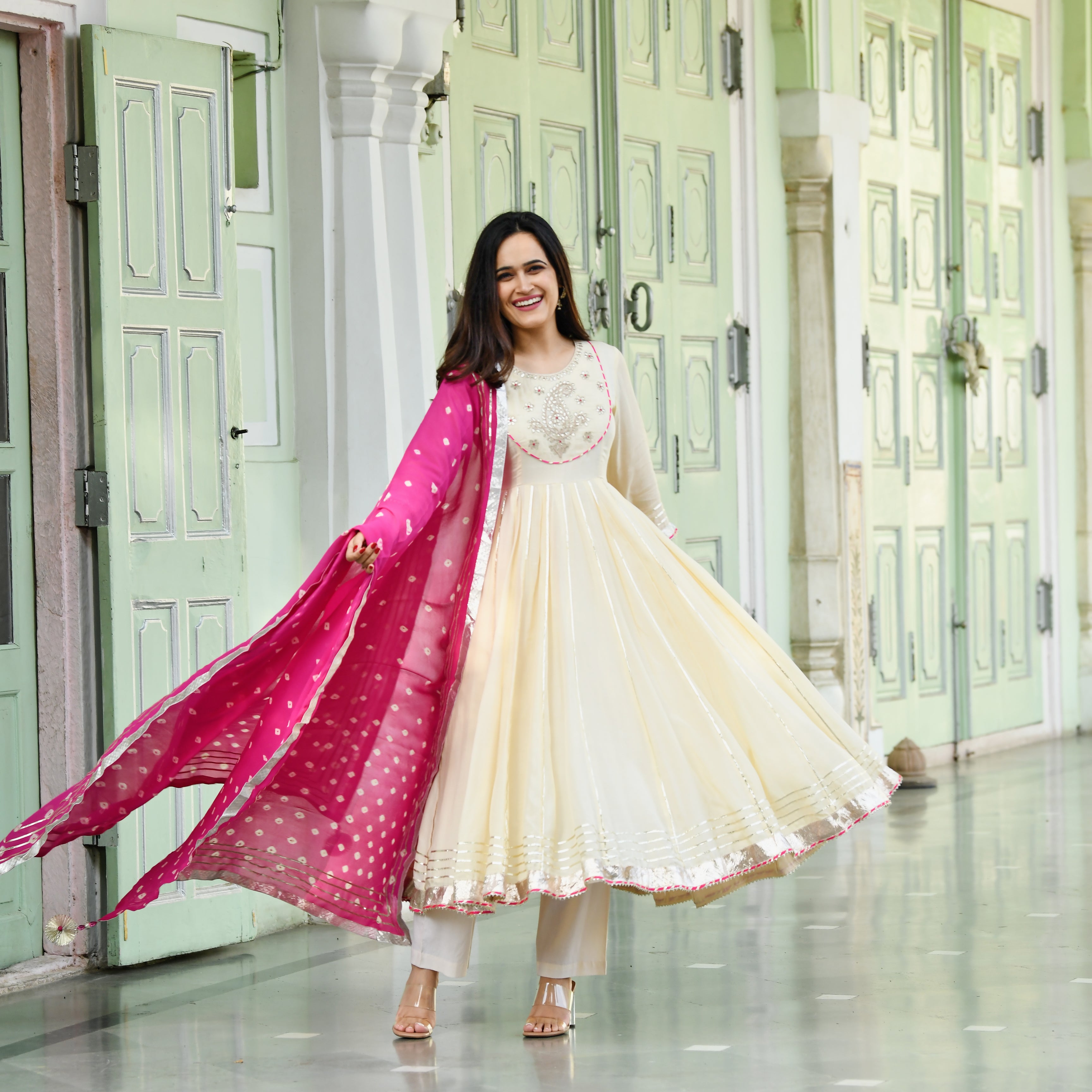 White and pink Anarkali suit set 
