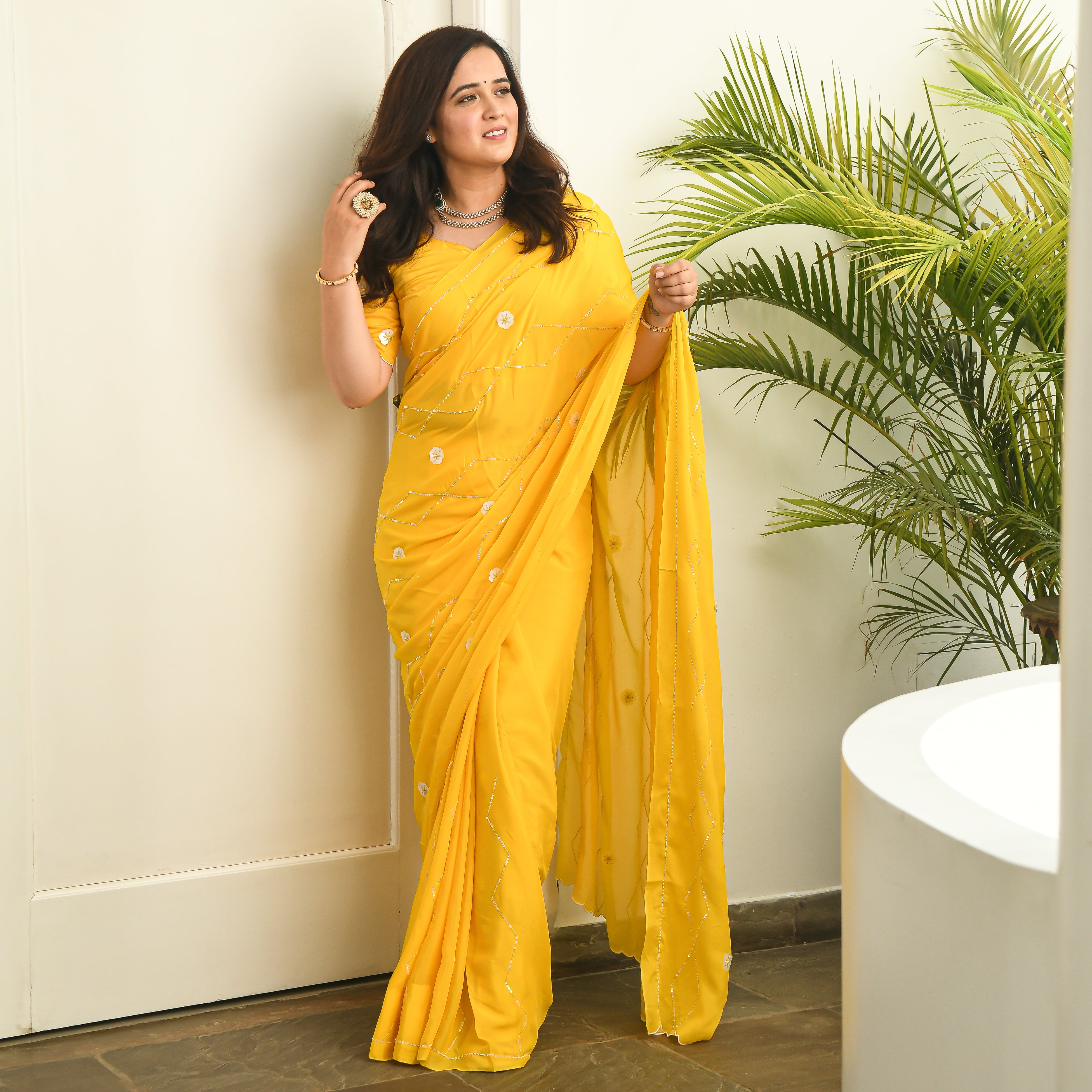 Sunehri Yellow Designer Stylish Sequin Chiffon Satin Saree Online