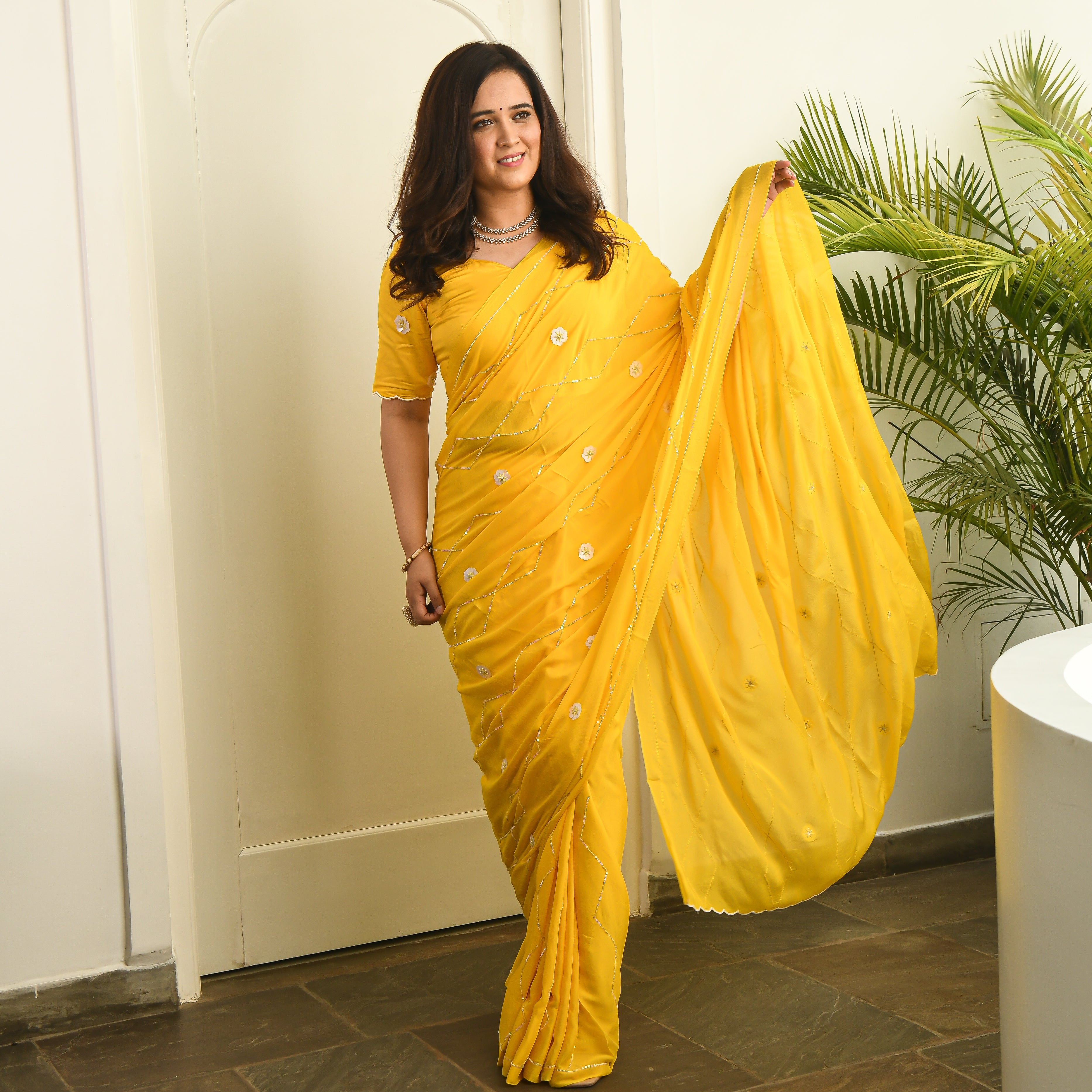 Sunehri Yellow Designer Stylish Sequin Chiffon Satin Saree Online