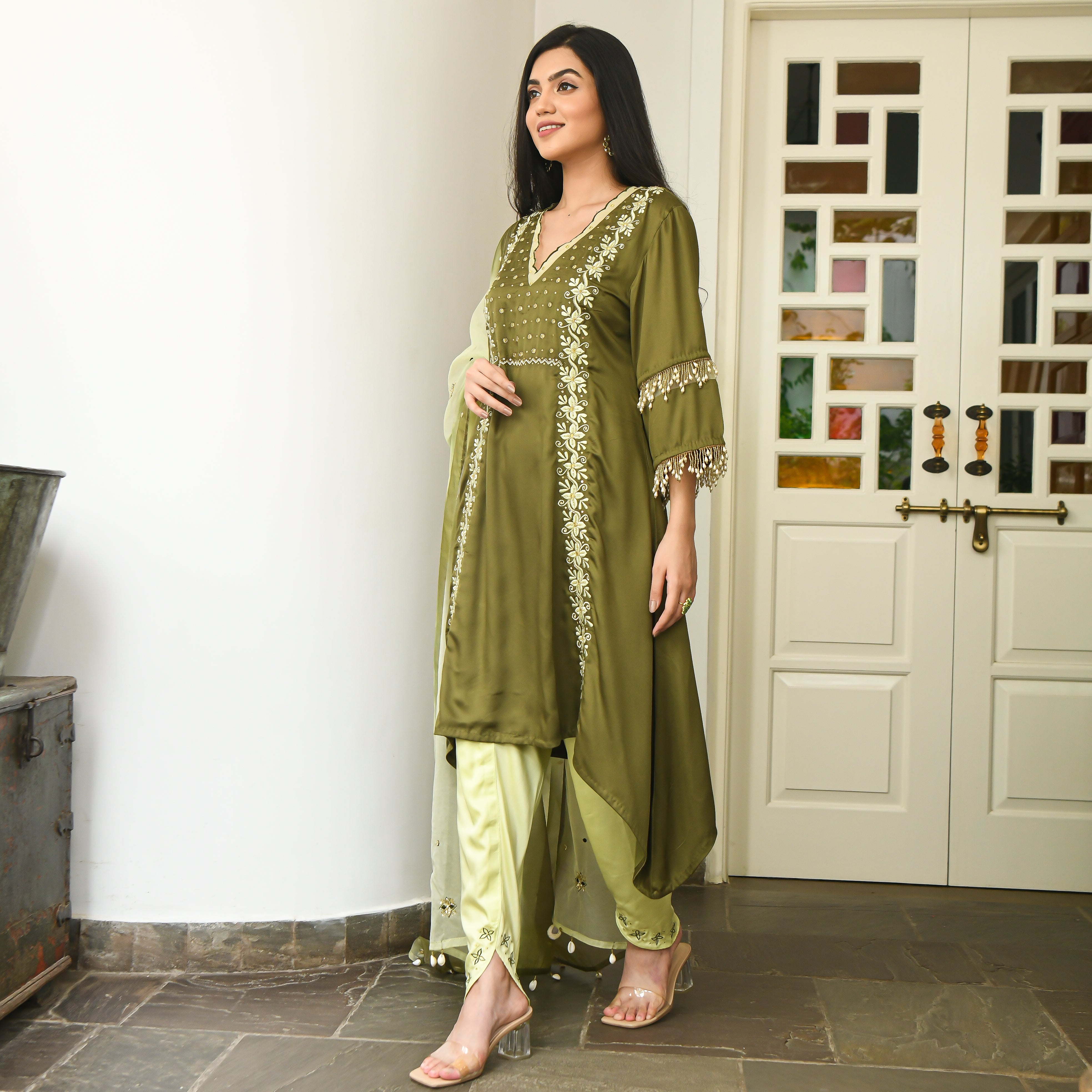Embroidered Modal Satin Suit Set