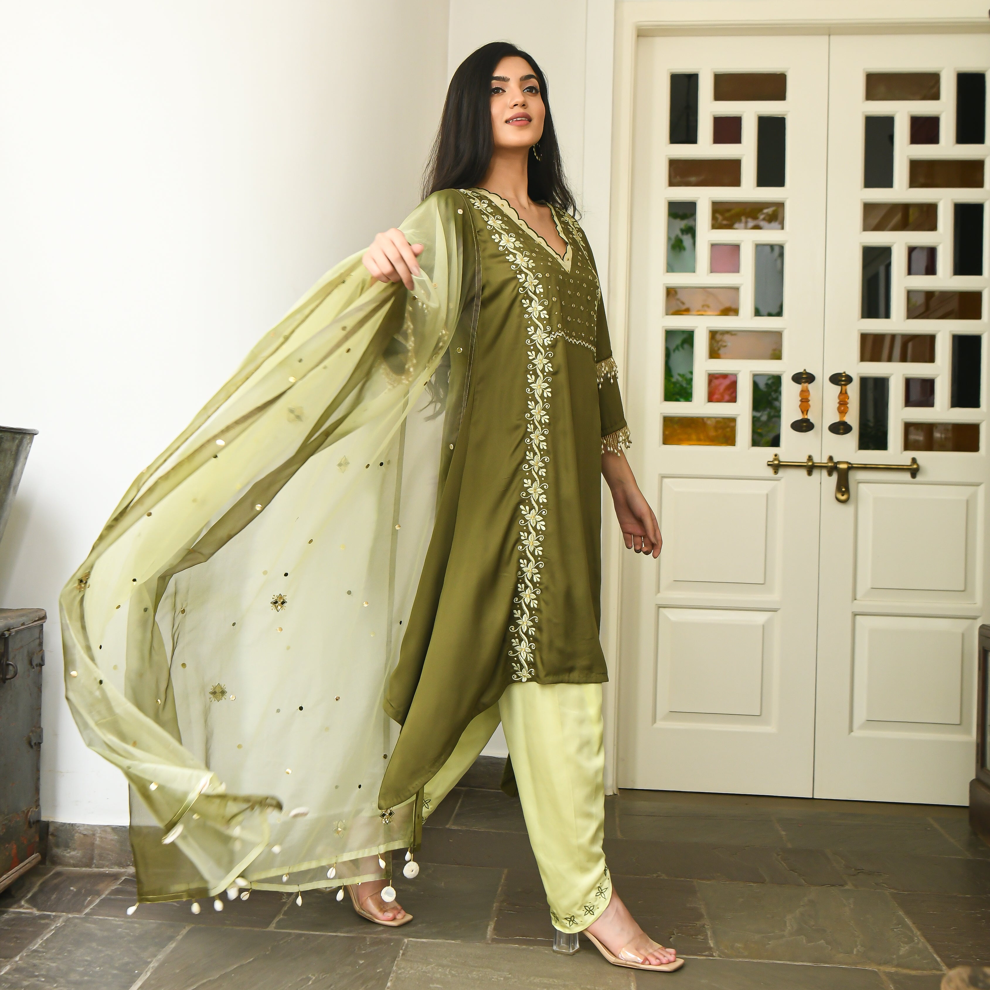 Embroidered Modal Satin Suit Set