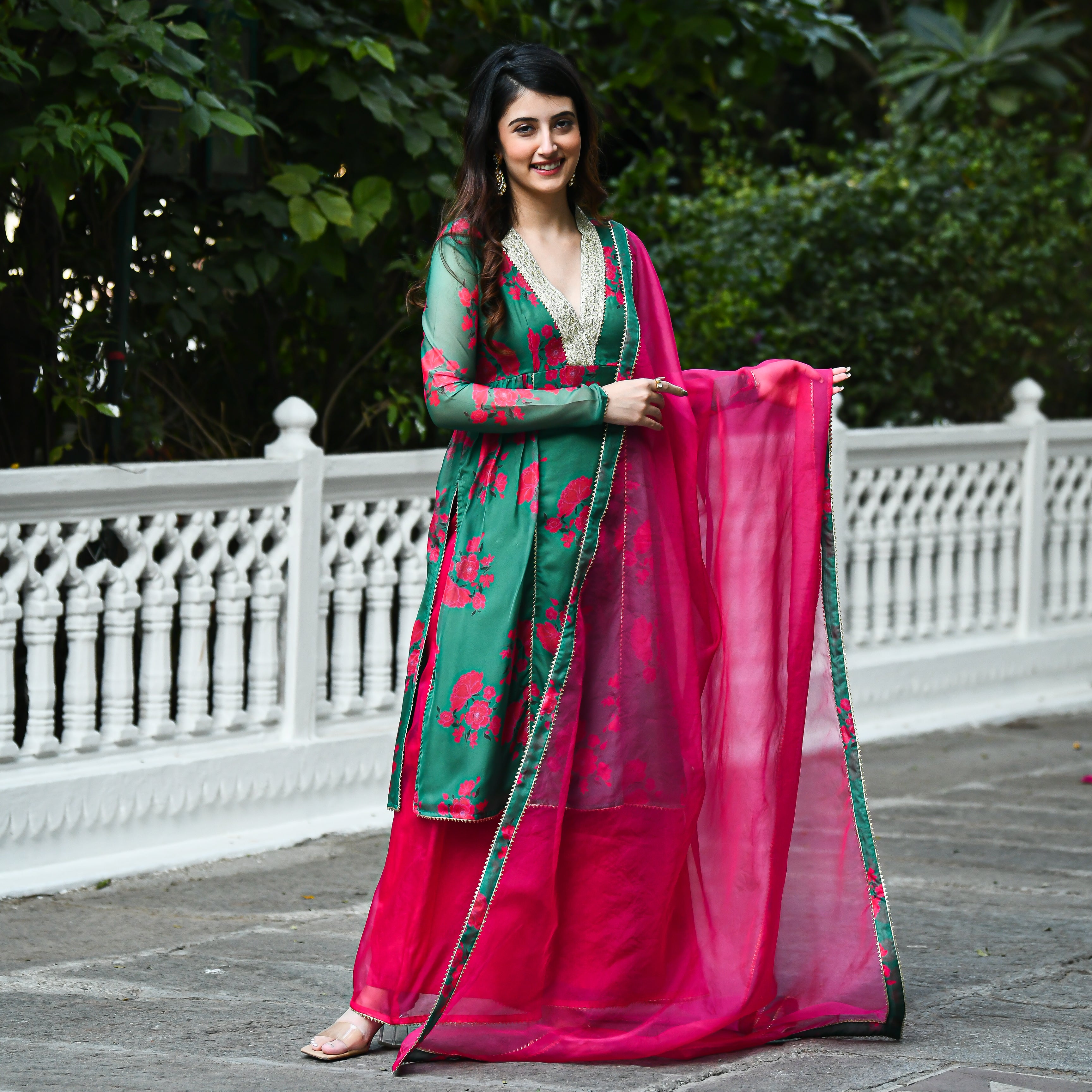Silky Traditional Designer Green Pink Suit Set for Women Online