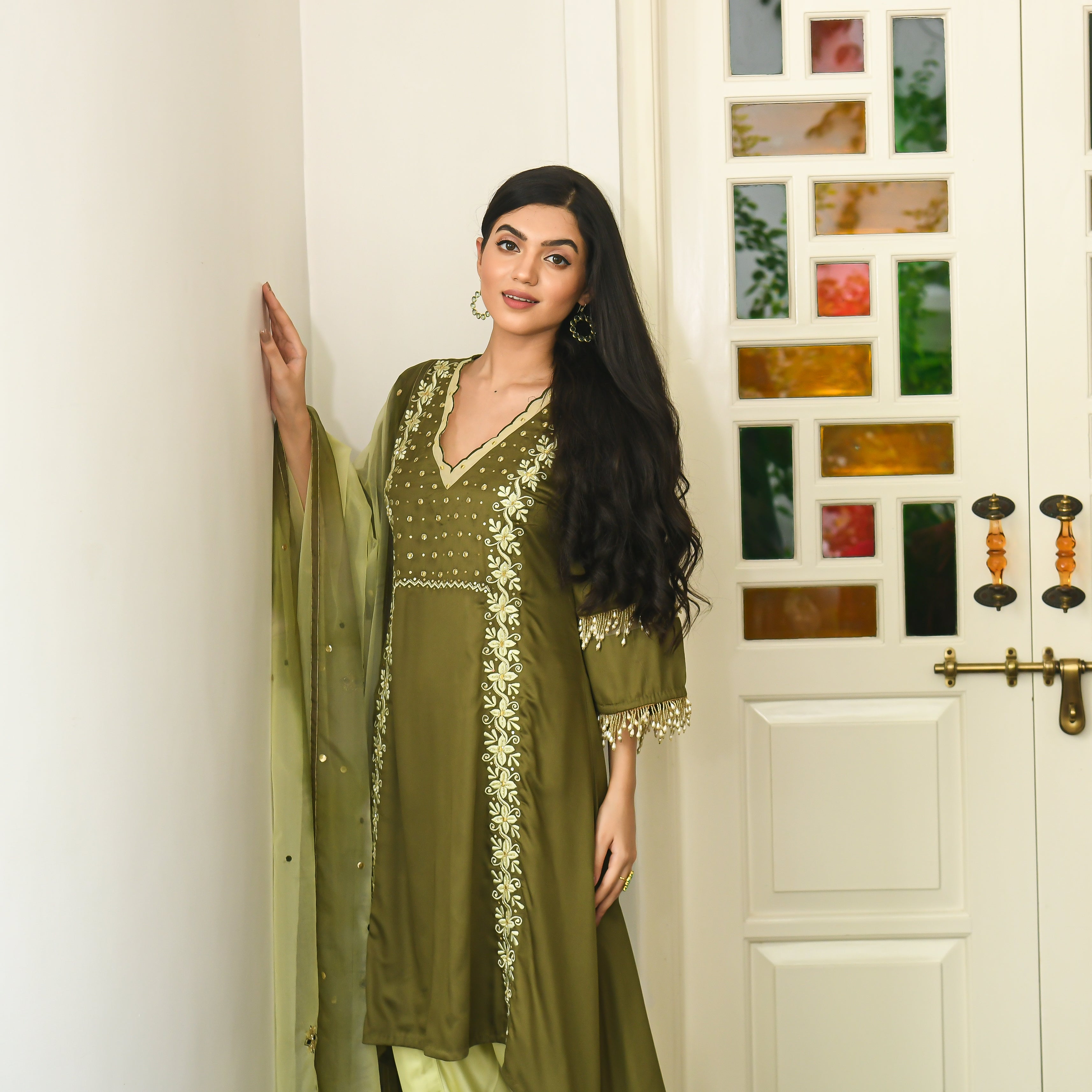 Embroidered Modal Satin Suit Set