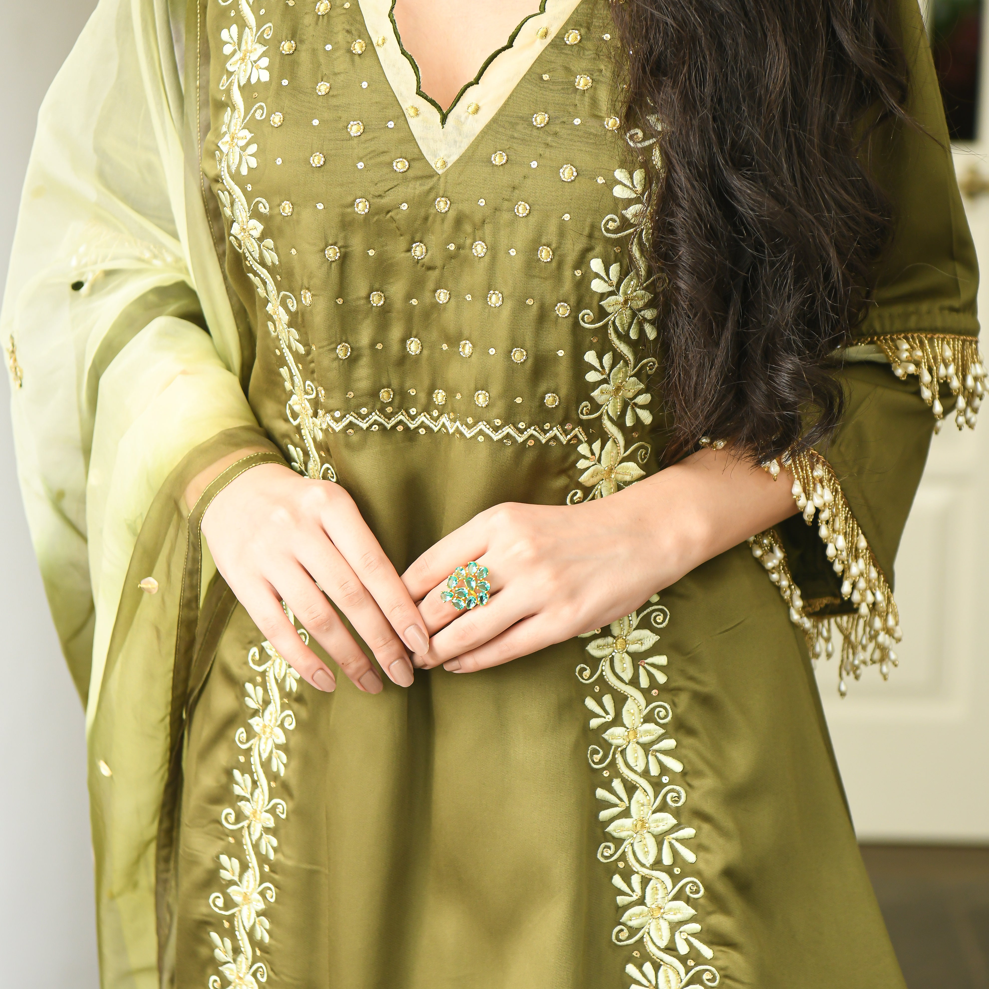 Embroidered Modal Satin Suit Set