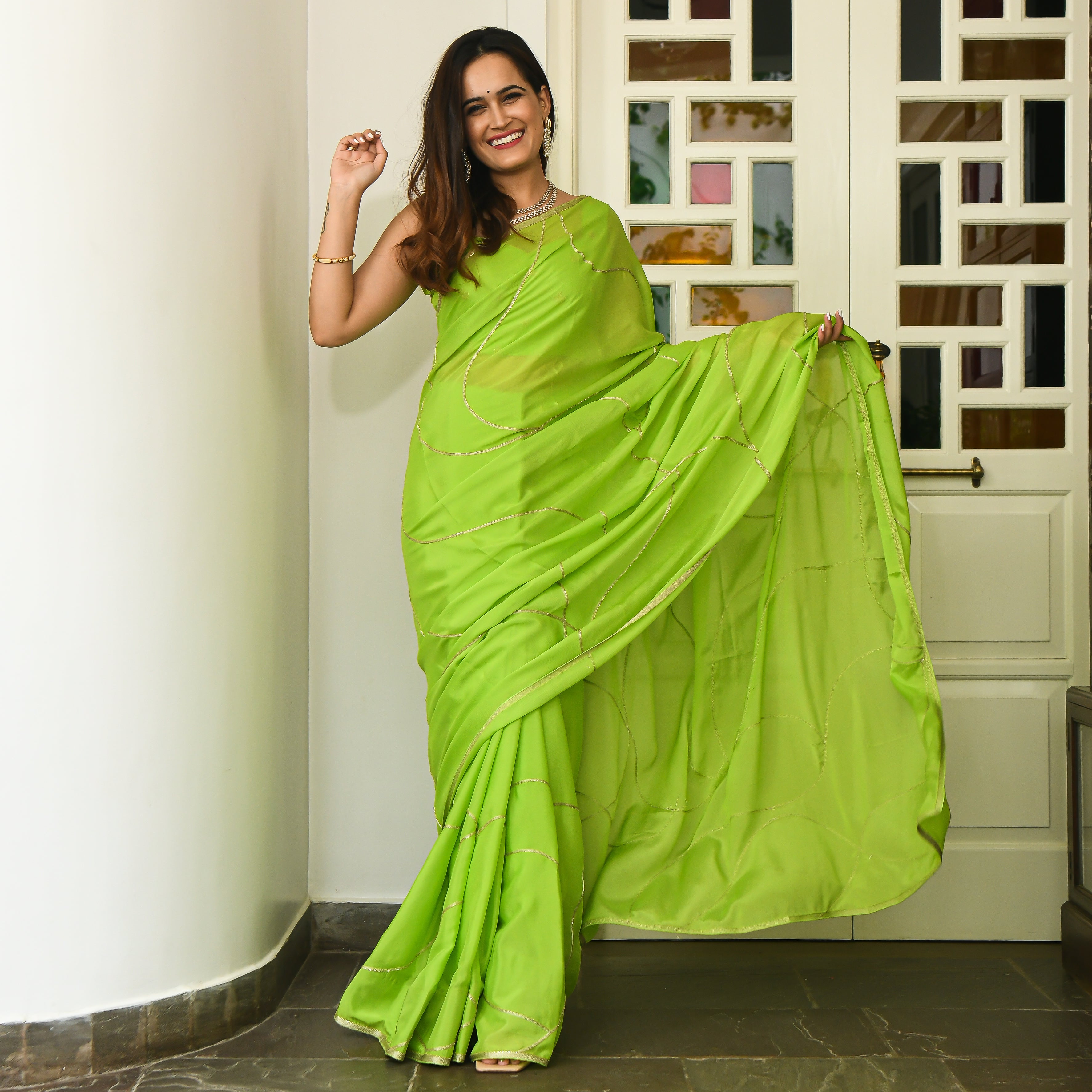 Mahroom Green Designer Stylish Pleated Chiffon Saree Online