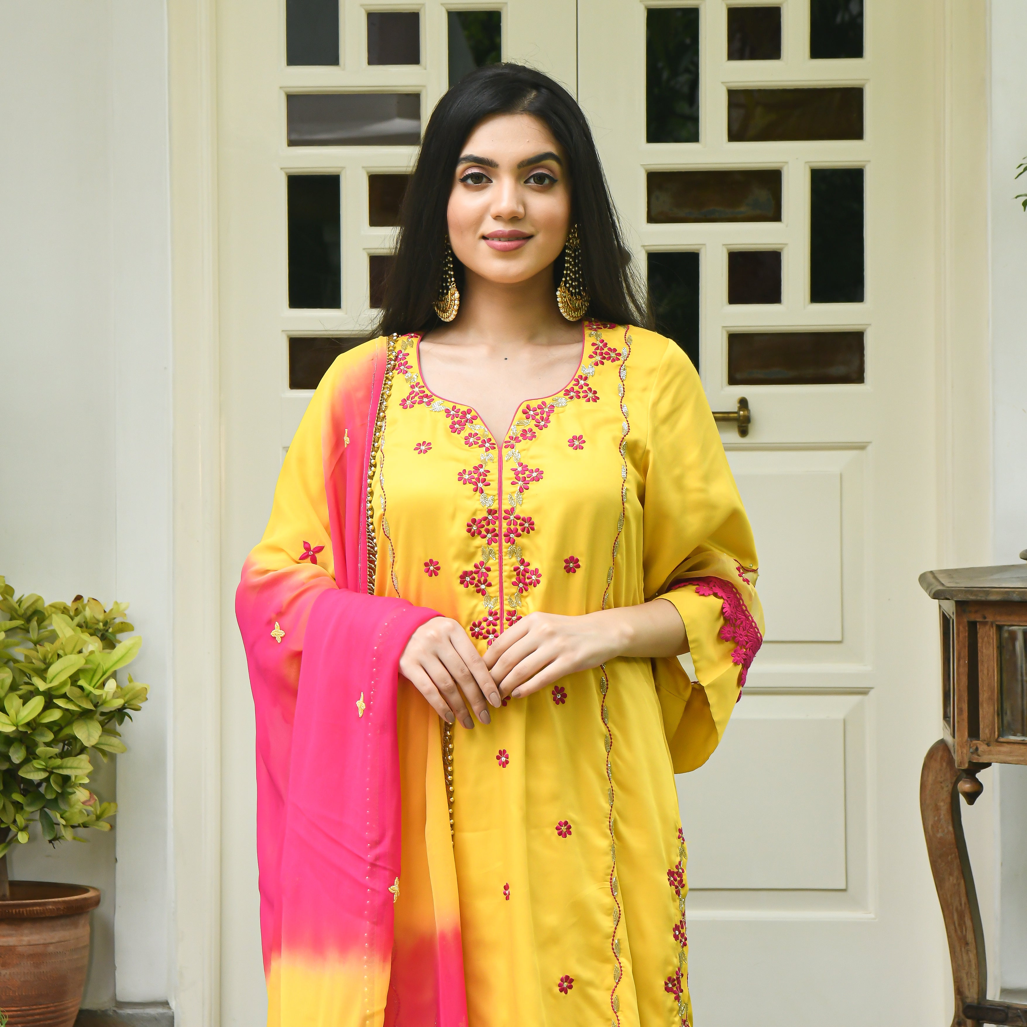 Yellow & Pink Satin Suit Set