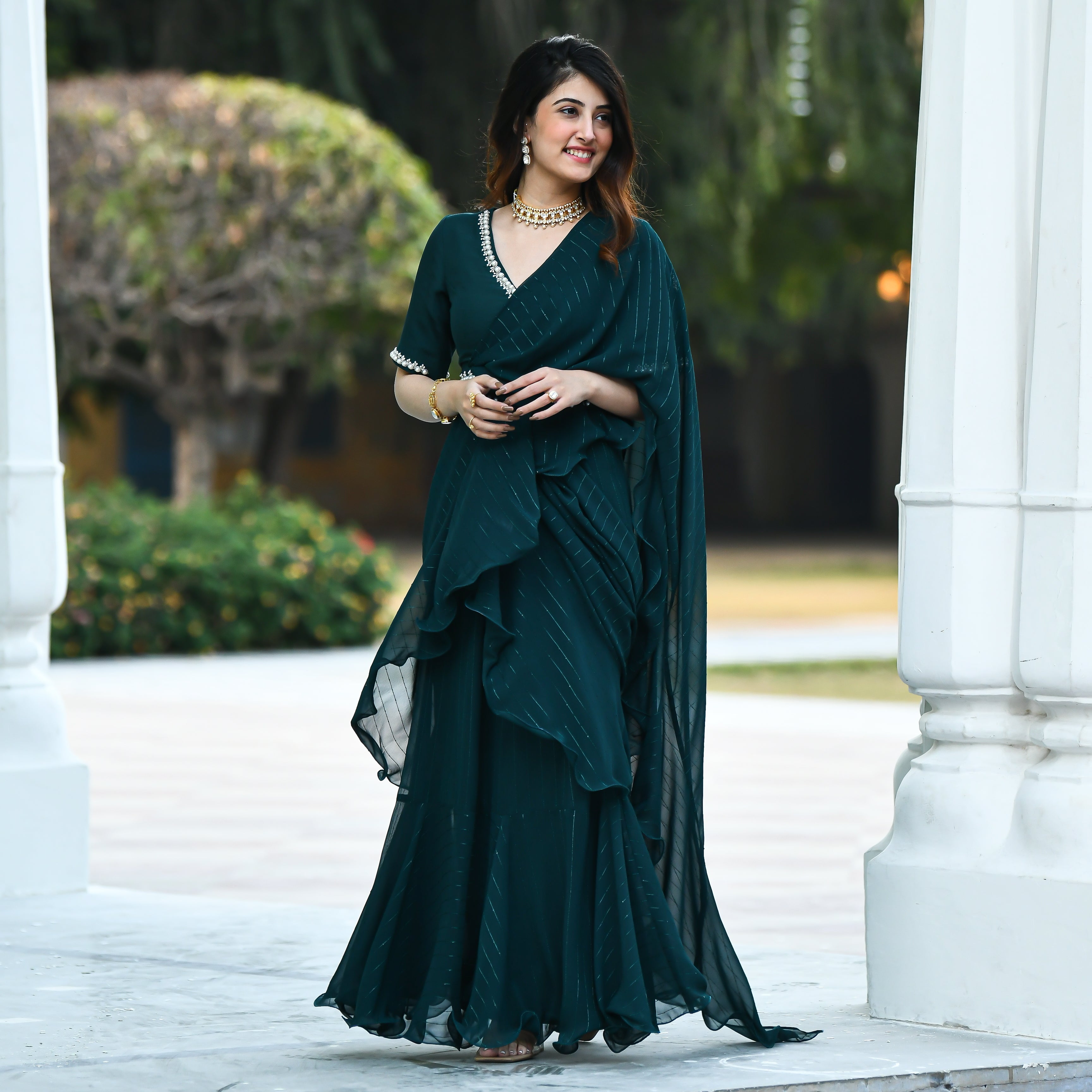 Teal Green Drape Saree for women online