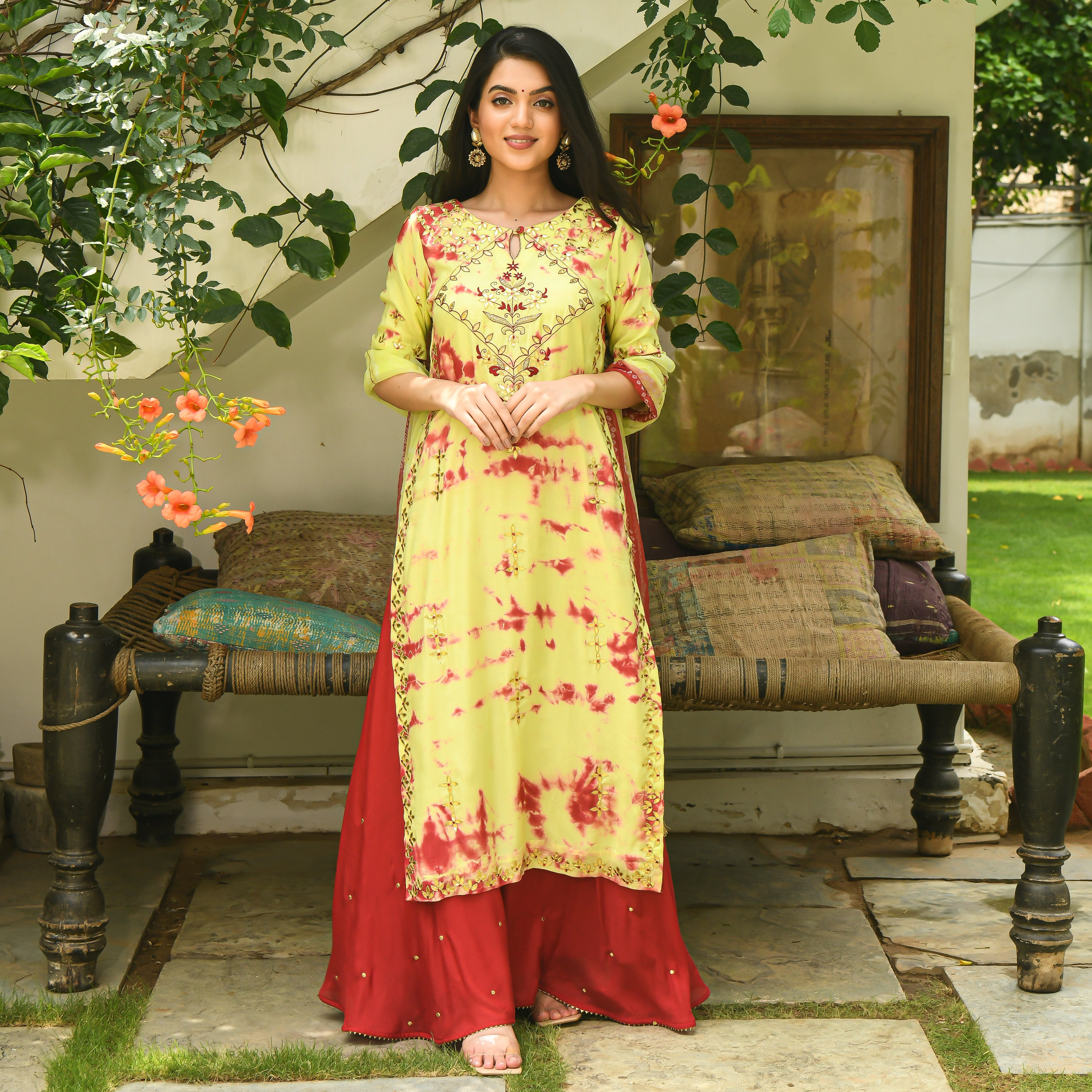 Red & Yellow Cotton Silk Suit Set
