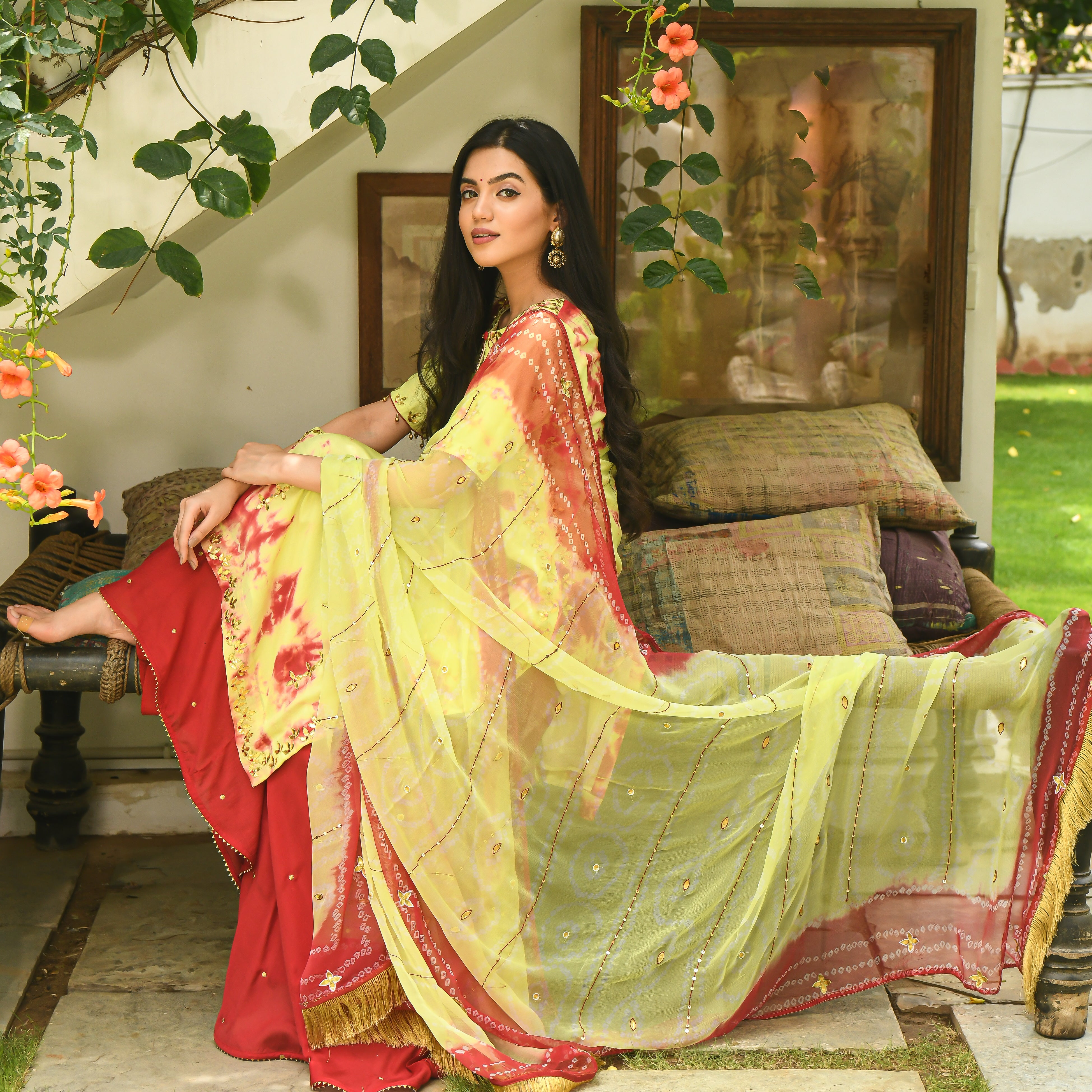 Red & Yellow Cotton Silk Suit Set