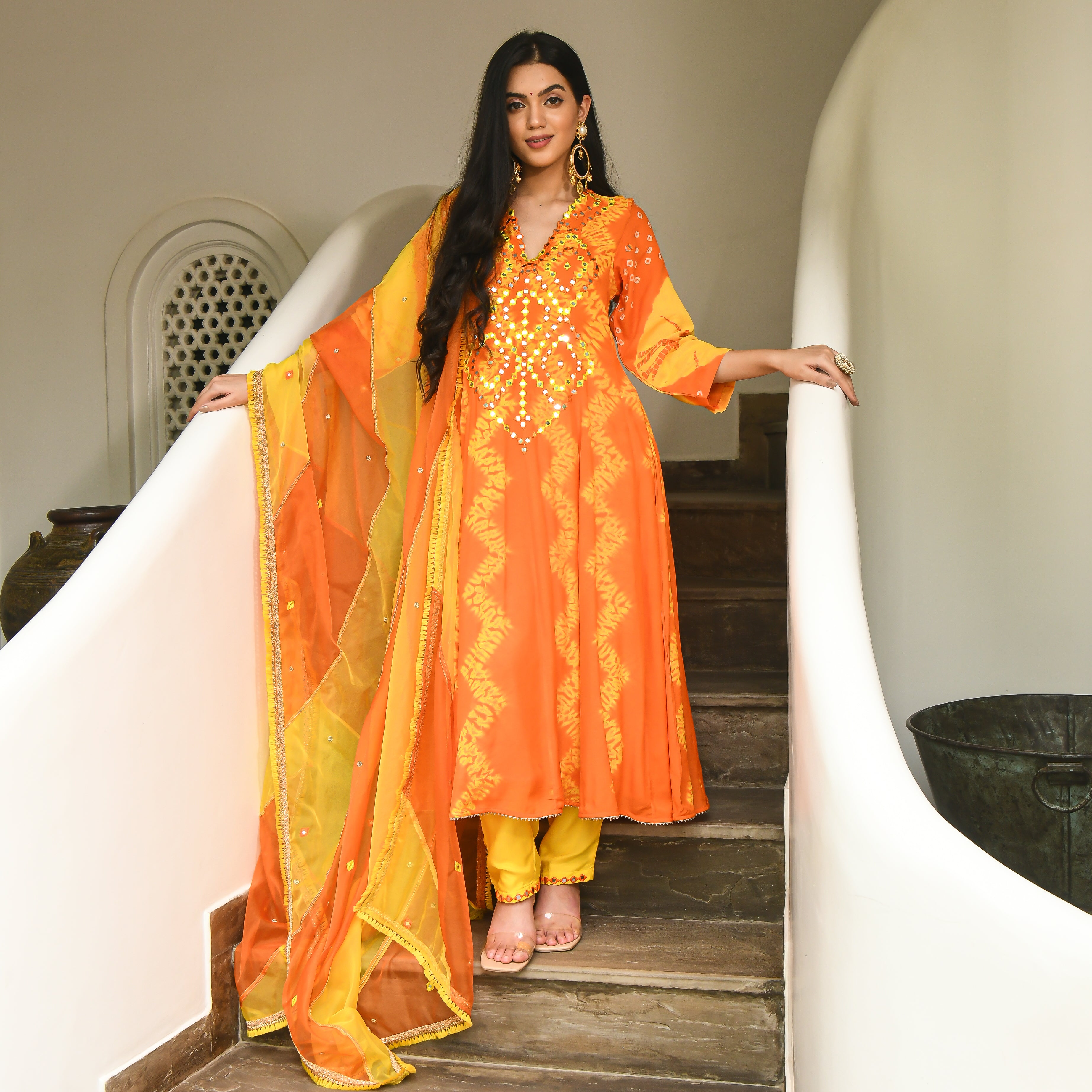 Basant Bahaar Orange Cotton Silk Designer Traditional Suit Set For Women Online