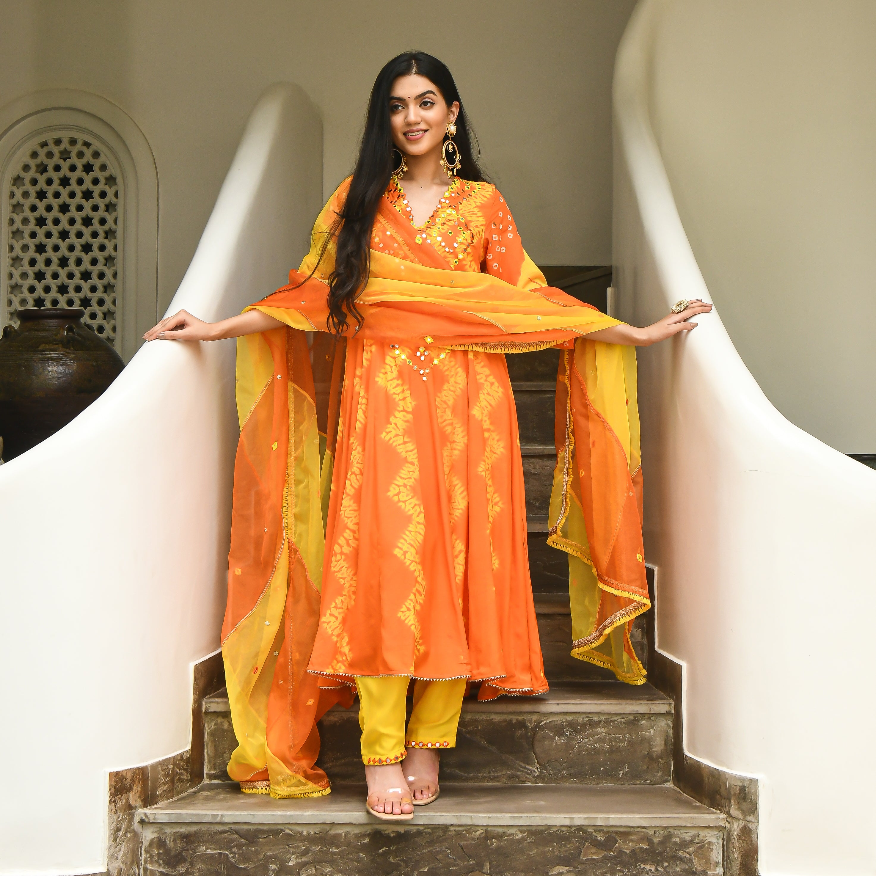 Basant Bahaar Orange Cotton Silk Designer Traditional Suit Set For Women Online