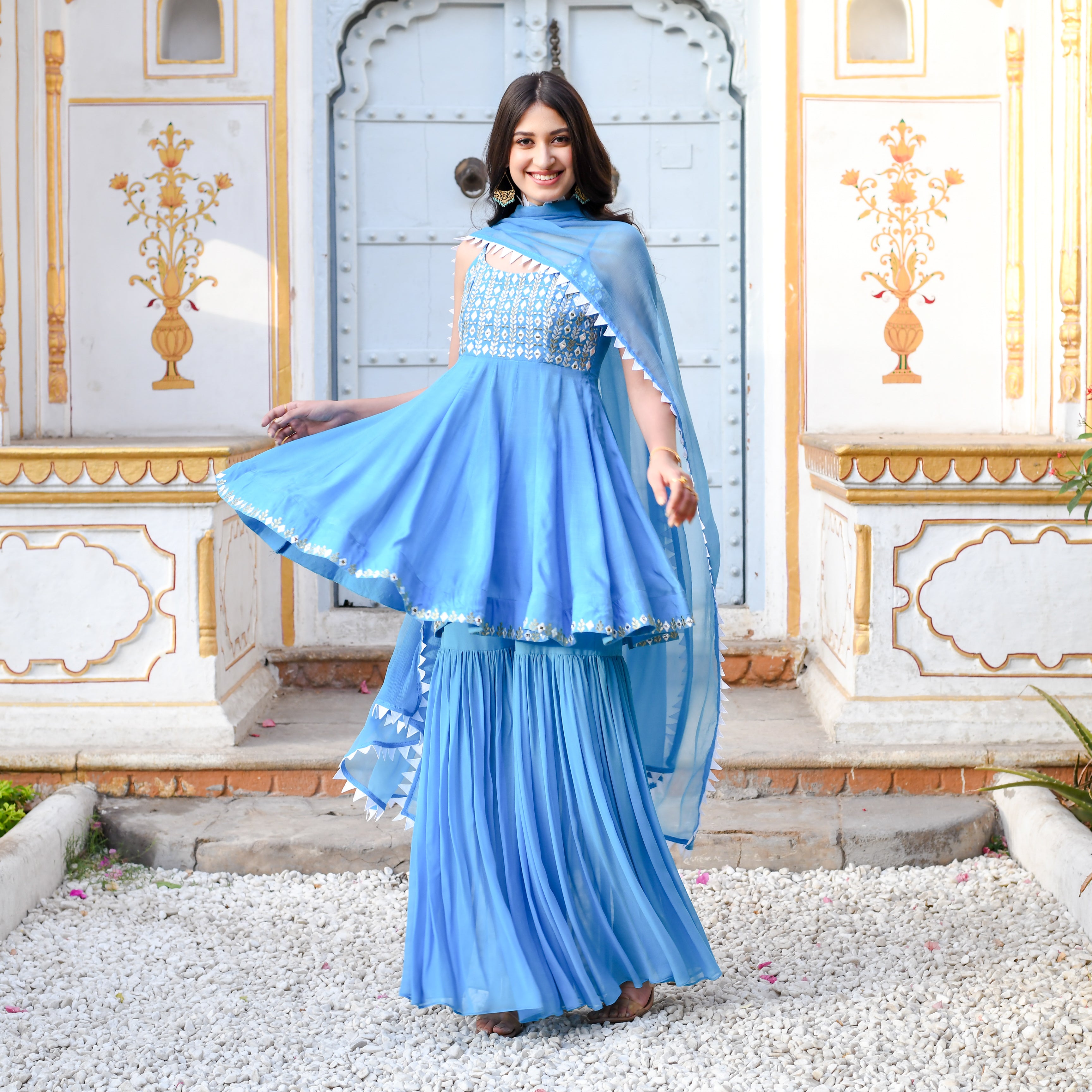 Buy UrbanStree Himani Blue Designer Traditional Sharara Suit Set For Women Online Buy UrbanStree Himani Blue Designer Traditional Sharara Suit Set For Women Online