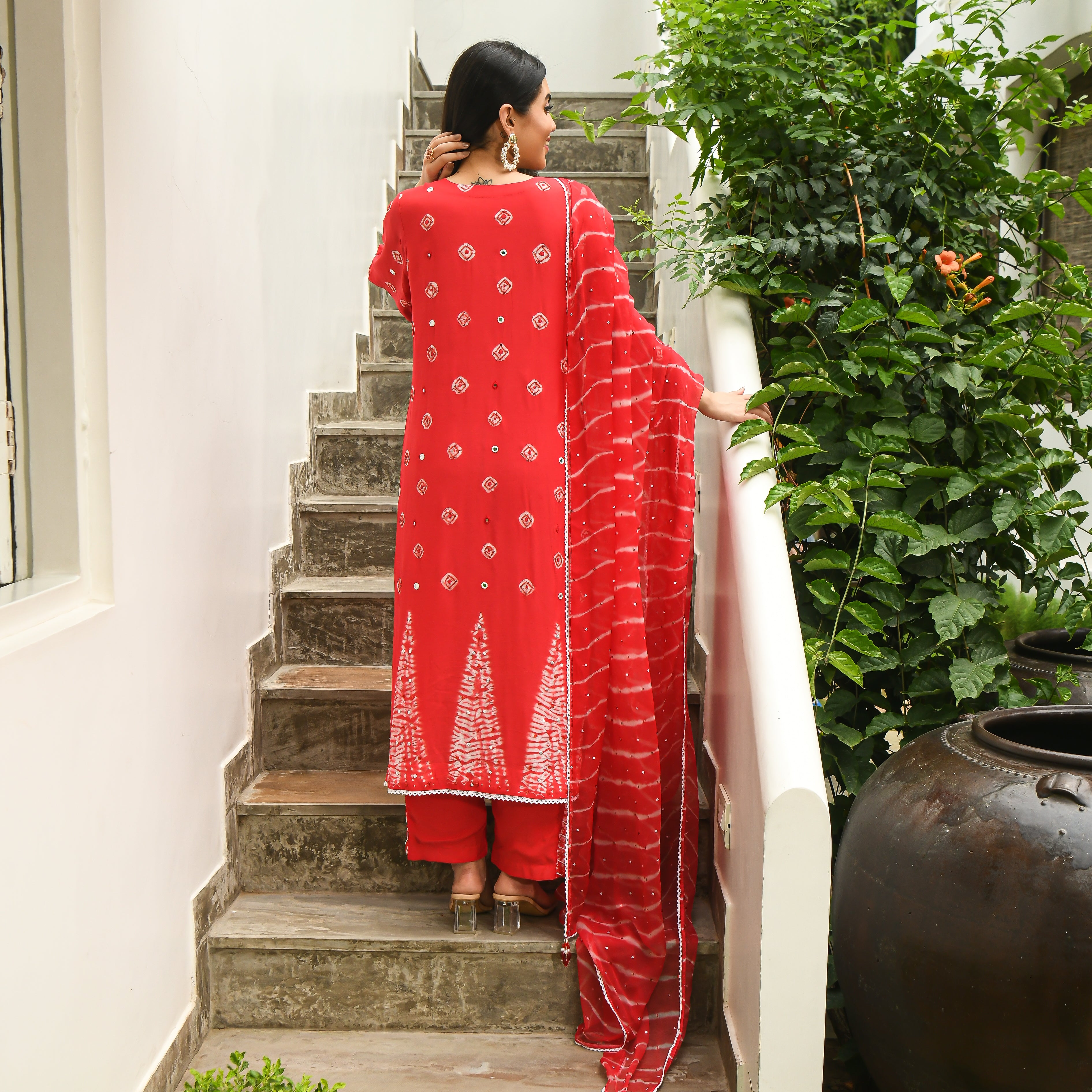 Red Cotton Silk Suit Set