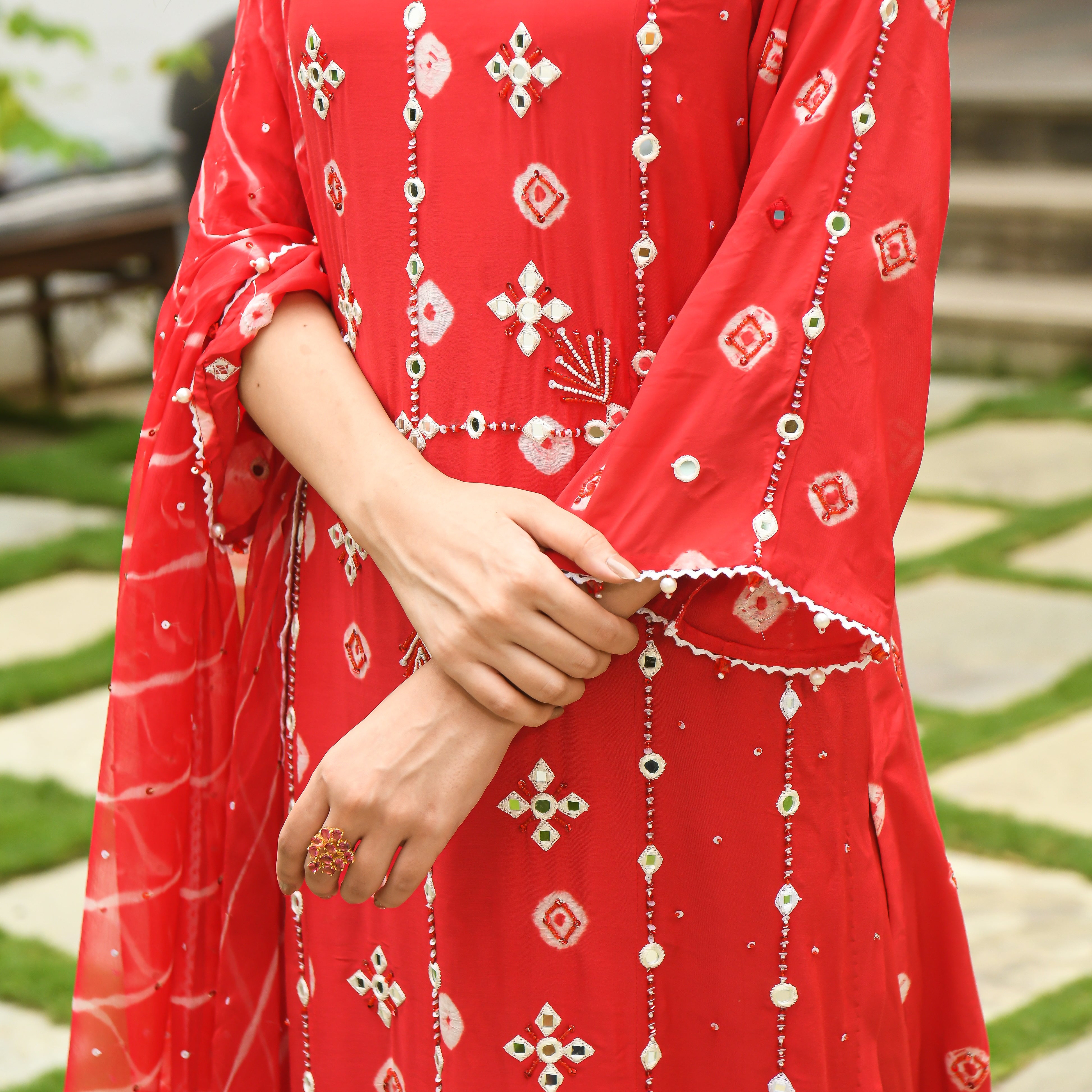 Red Cotton Silk Suit Set