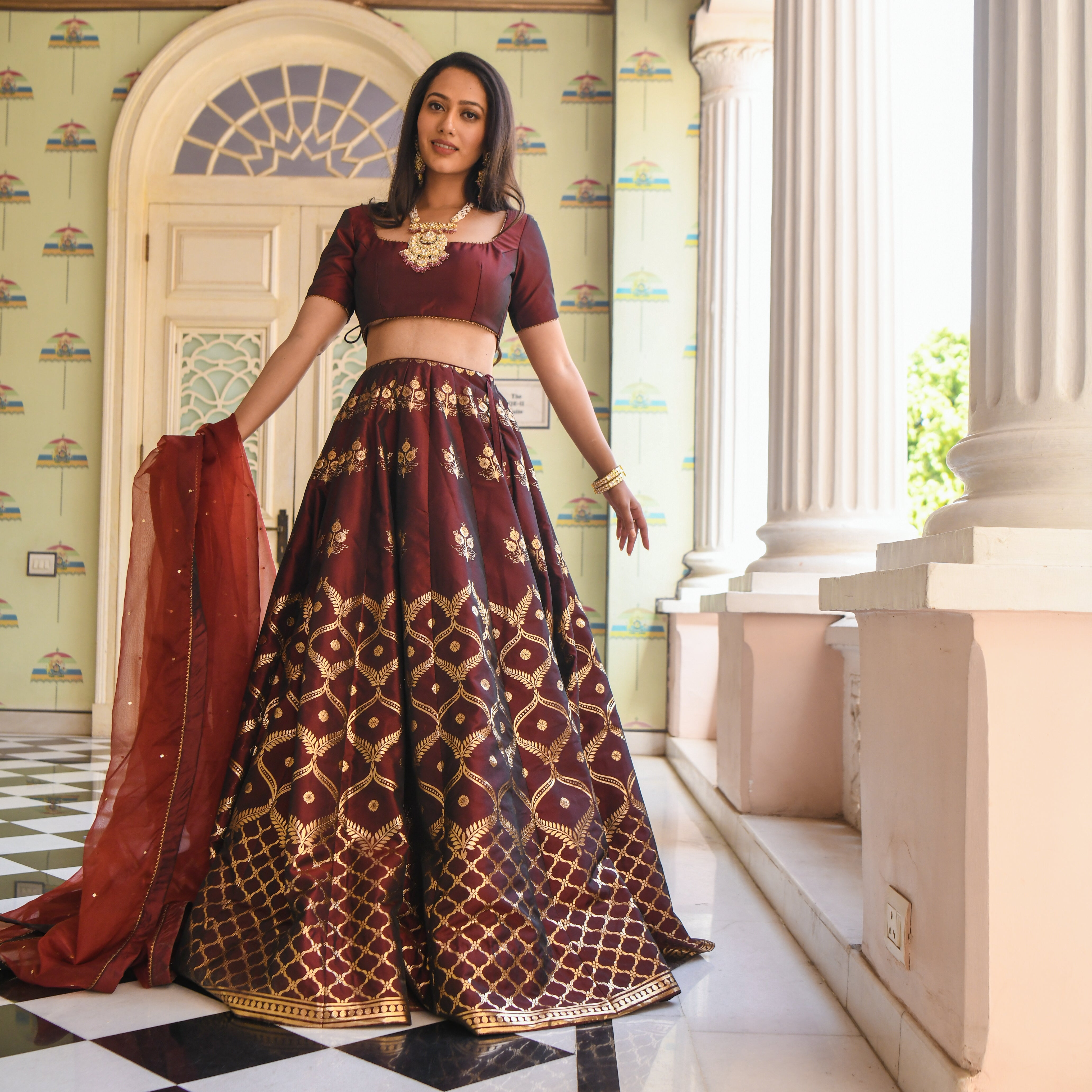 Aagaz Gold Jacquard Silk Designer Lehenga For Women Online
