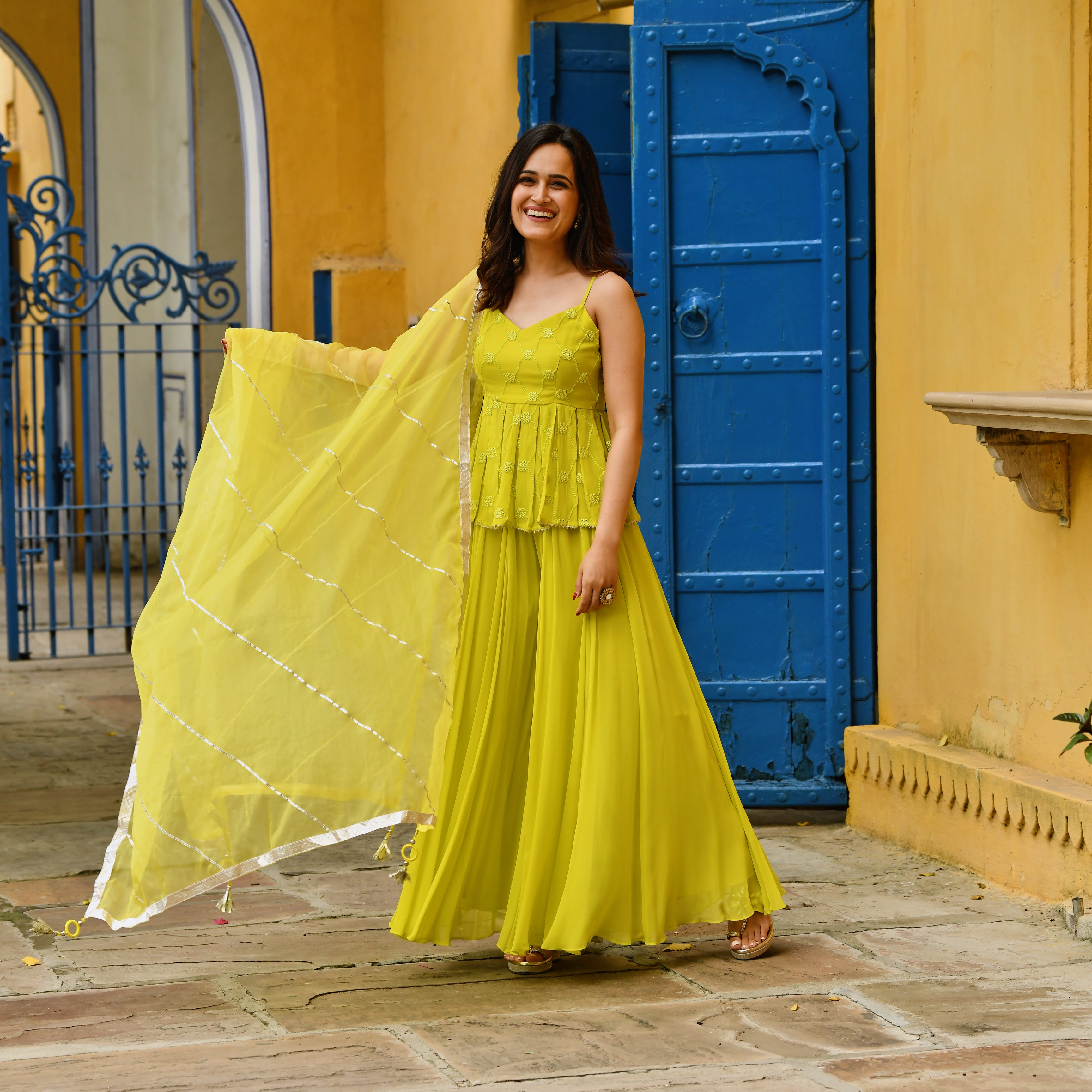 yellow dress suit for women Belted Two Piece Skirt Suit, Small finished with suave Italia style Neon Yellow Cut Out Suit
