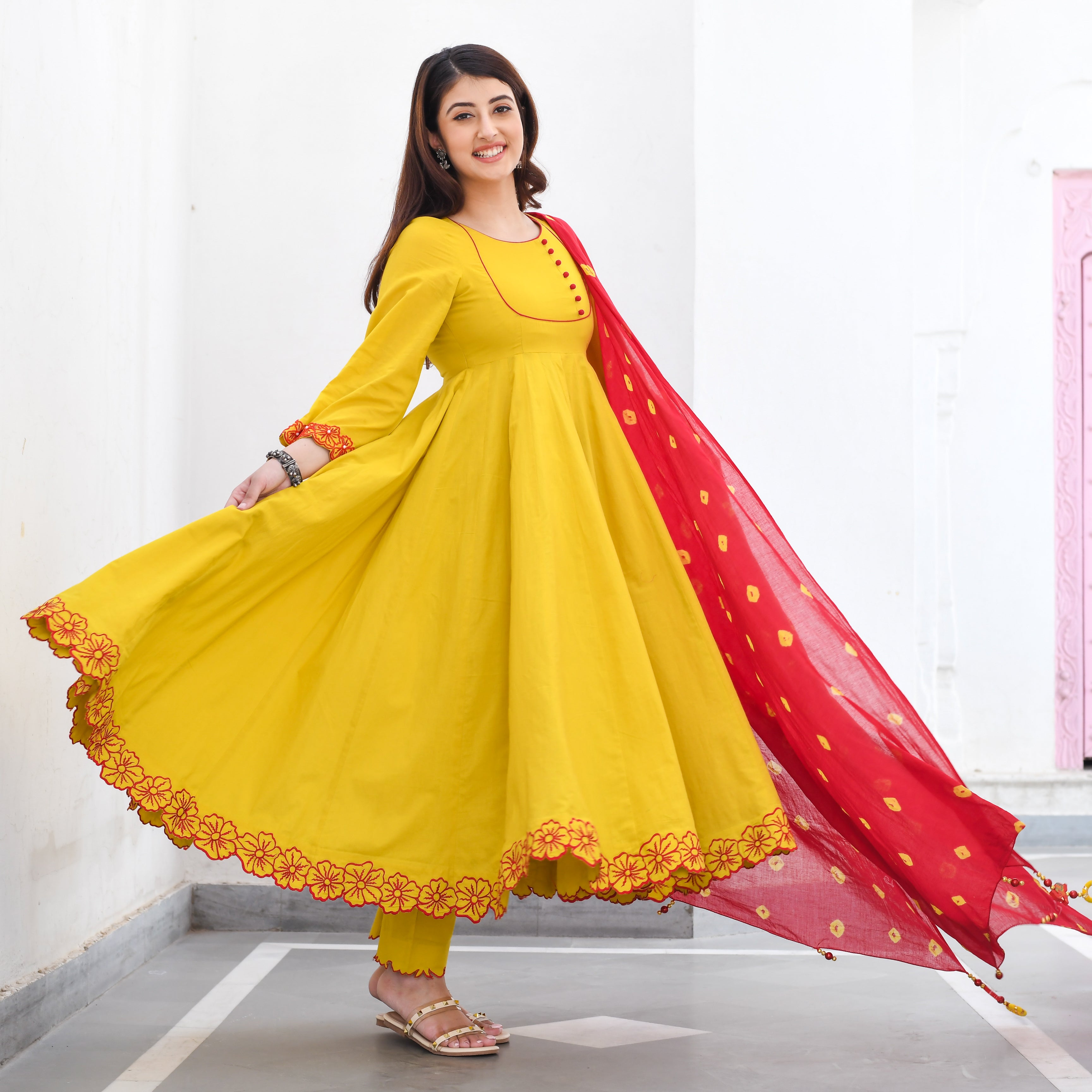 Shree Shyam Creation Women's Stitched Rayon Plain Anarkali Gown Type Kurti  With Dupatta - Red