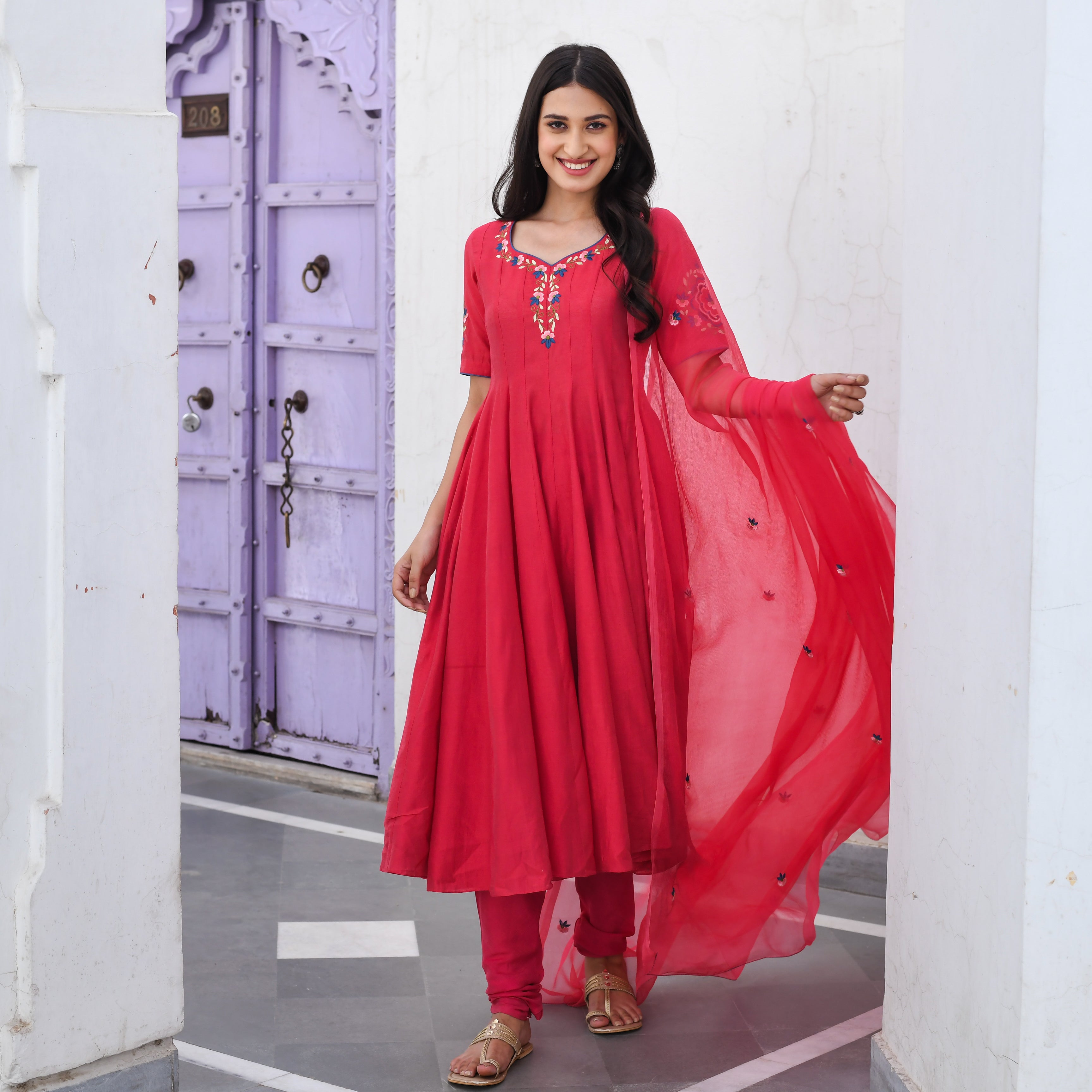 Aadhira Red Cotton Anarkali Suit Set For Women Online