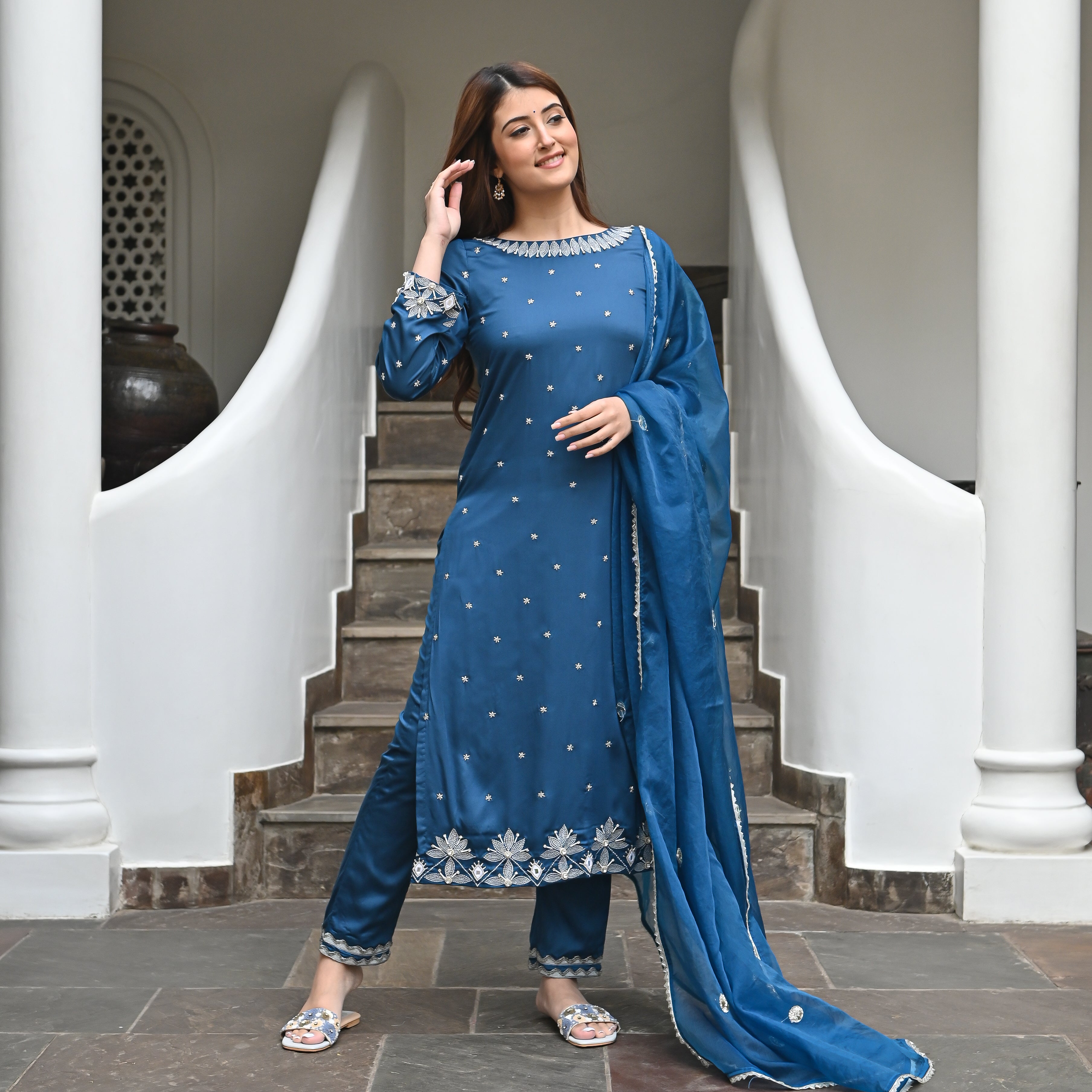  Kulsum Blue Designer Traditional Satin Suit Set For Women Online