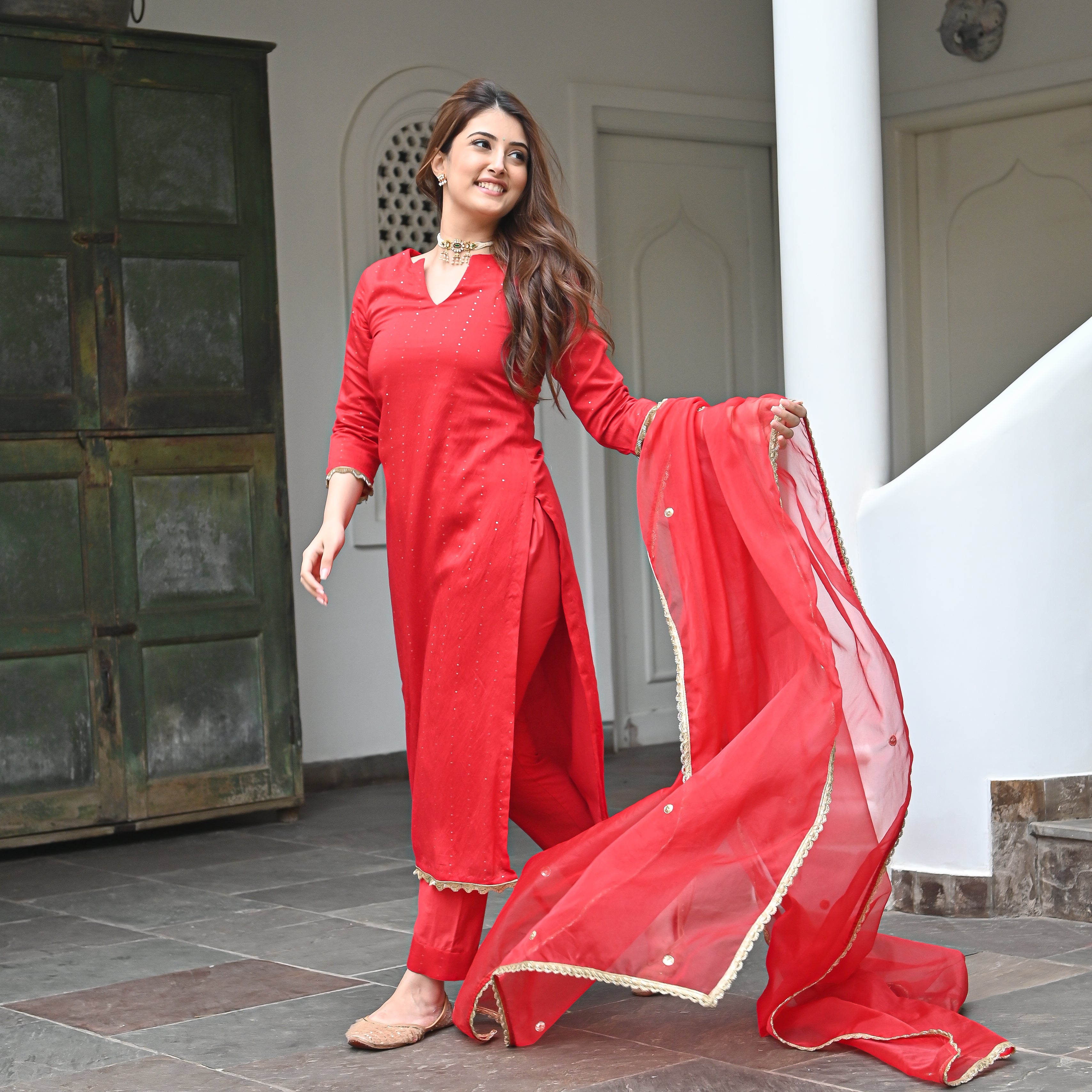 Buy Red Chanderi Silk Suit Set - Meerahini