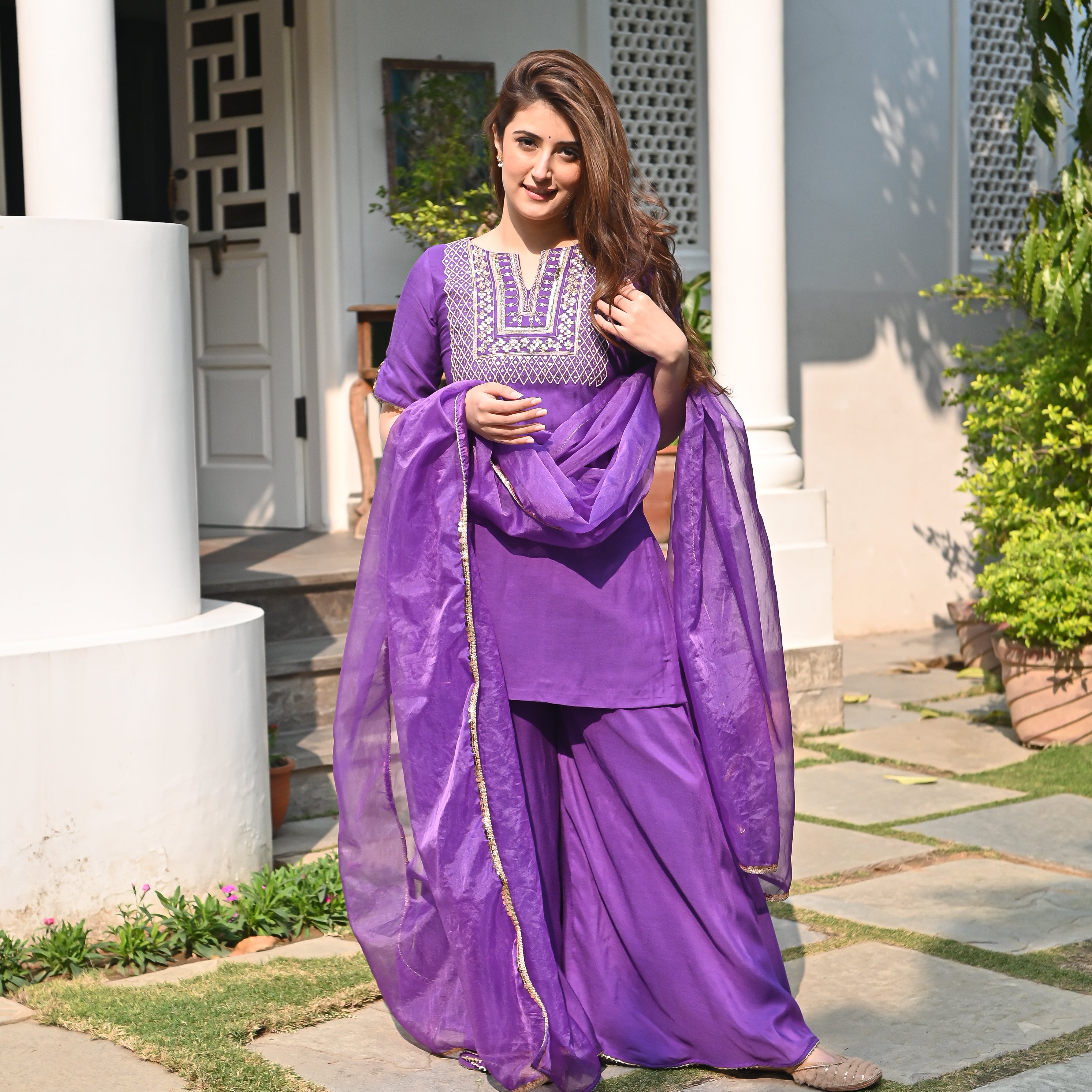 Palazzo Suits - Salwar Kameez: Cream and Purple | Online Shopping