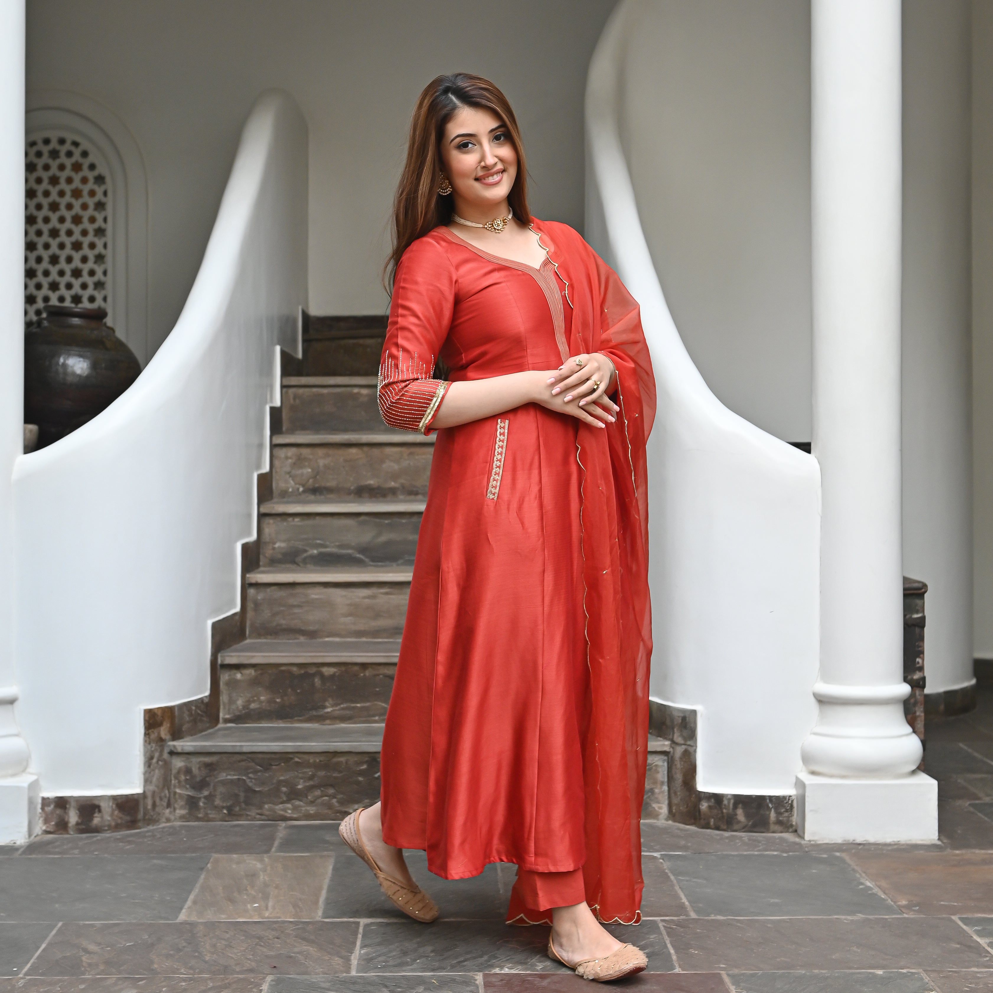 Najat Red Designer Ethnic Wear Chanderi Suit Set For Women Online